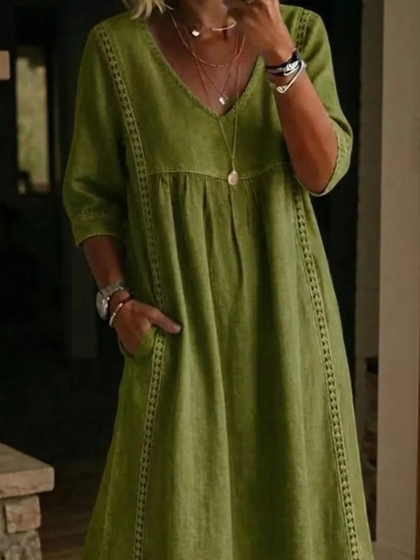 Full Size V-Neck 3/4 Sleeve Midi Dress Plus Size - Image 4