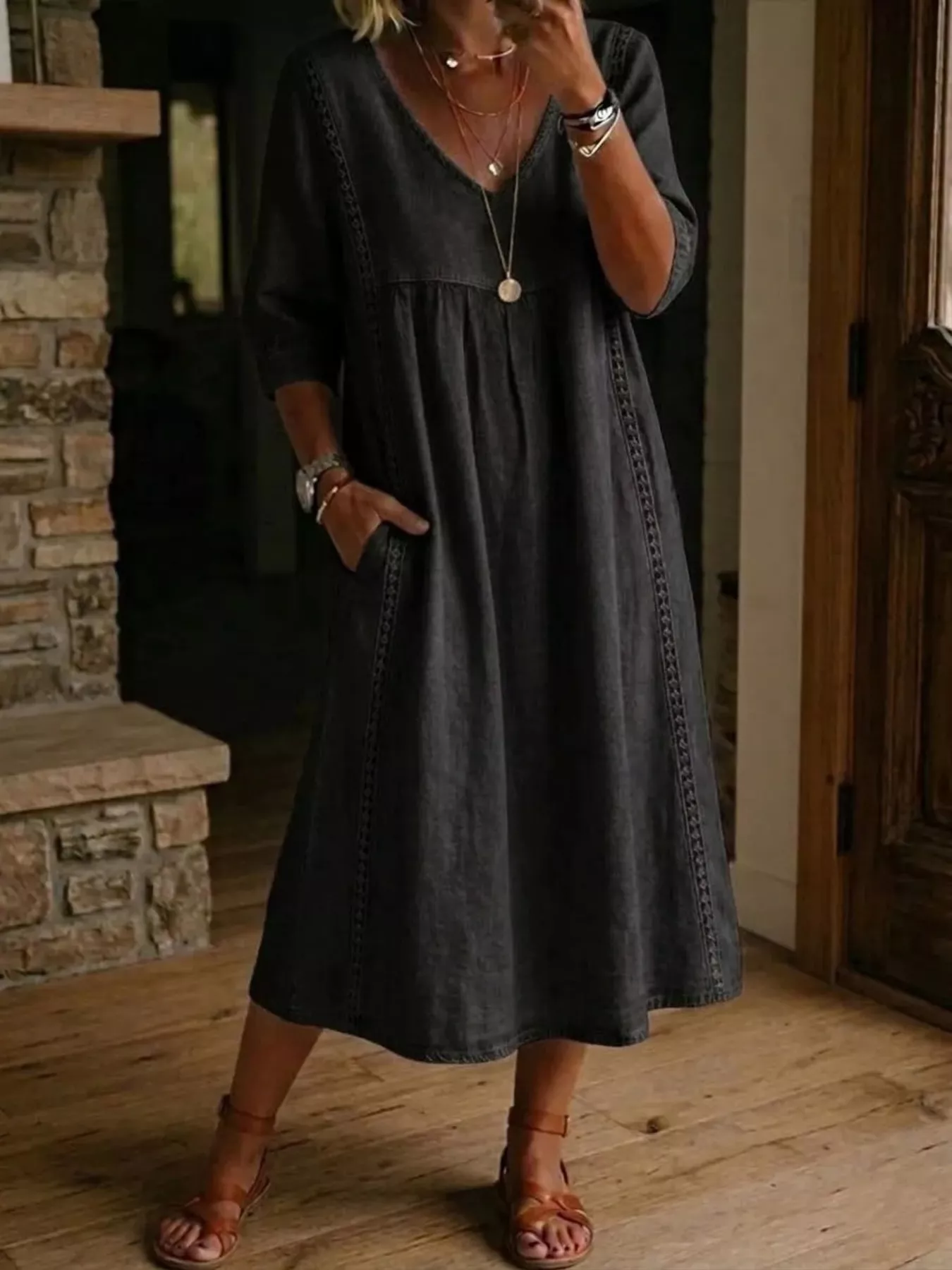 Full Size V-Neck 3/4 Sleeve Midi Dress Plus Size - Image 5