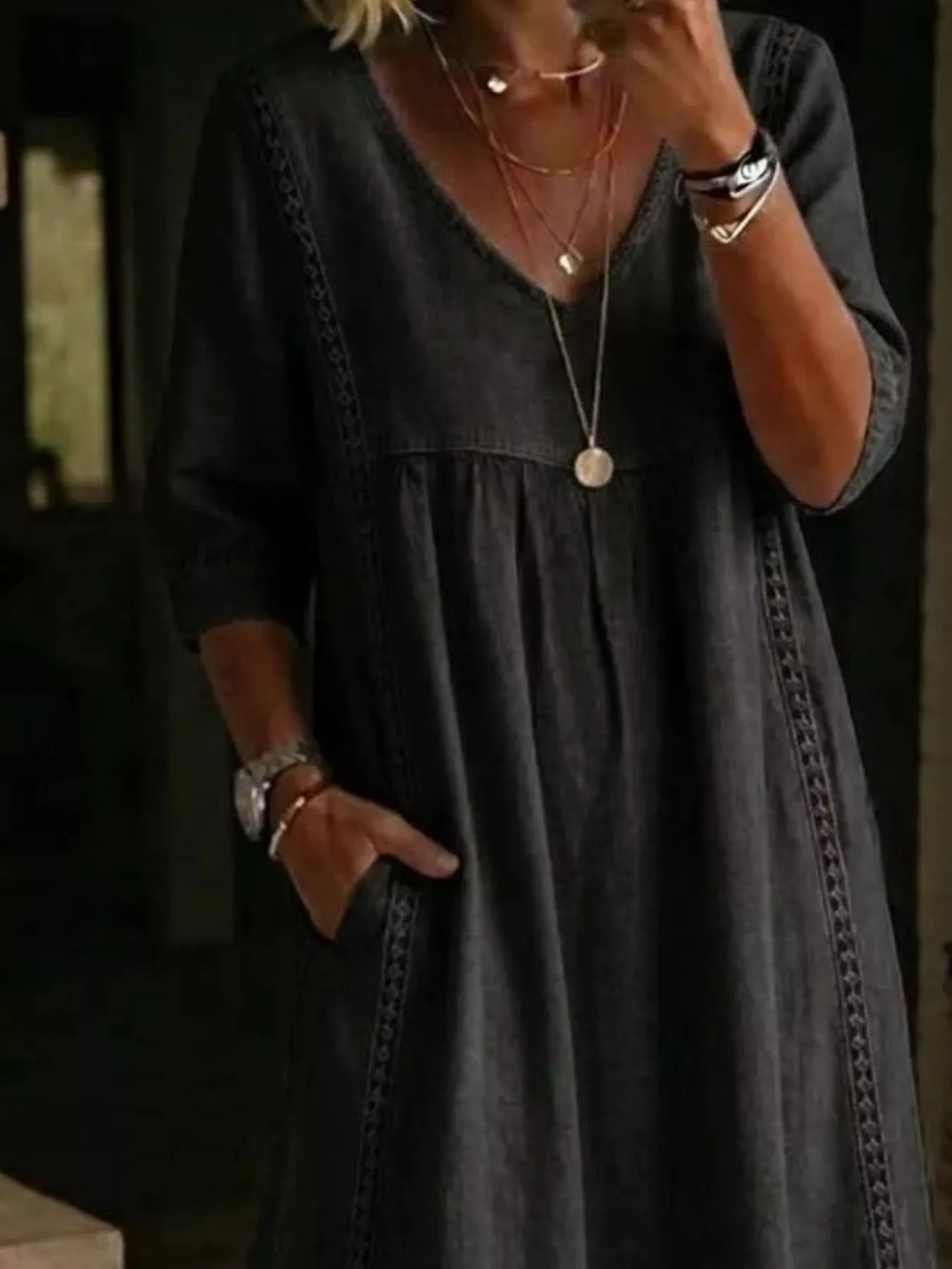 Full Size V-Neck 3/4 Sleeve Midi Dress Plus Size - Image 6