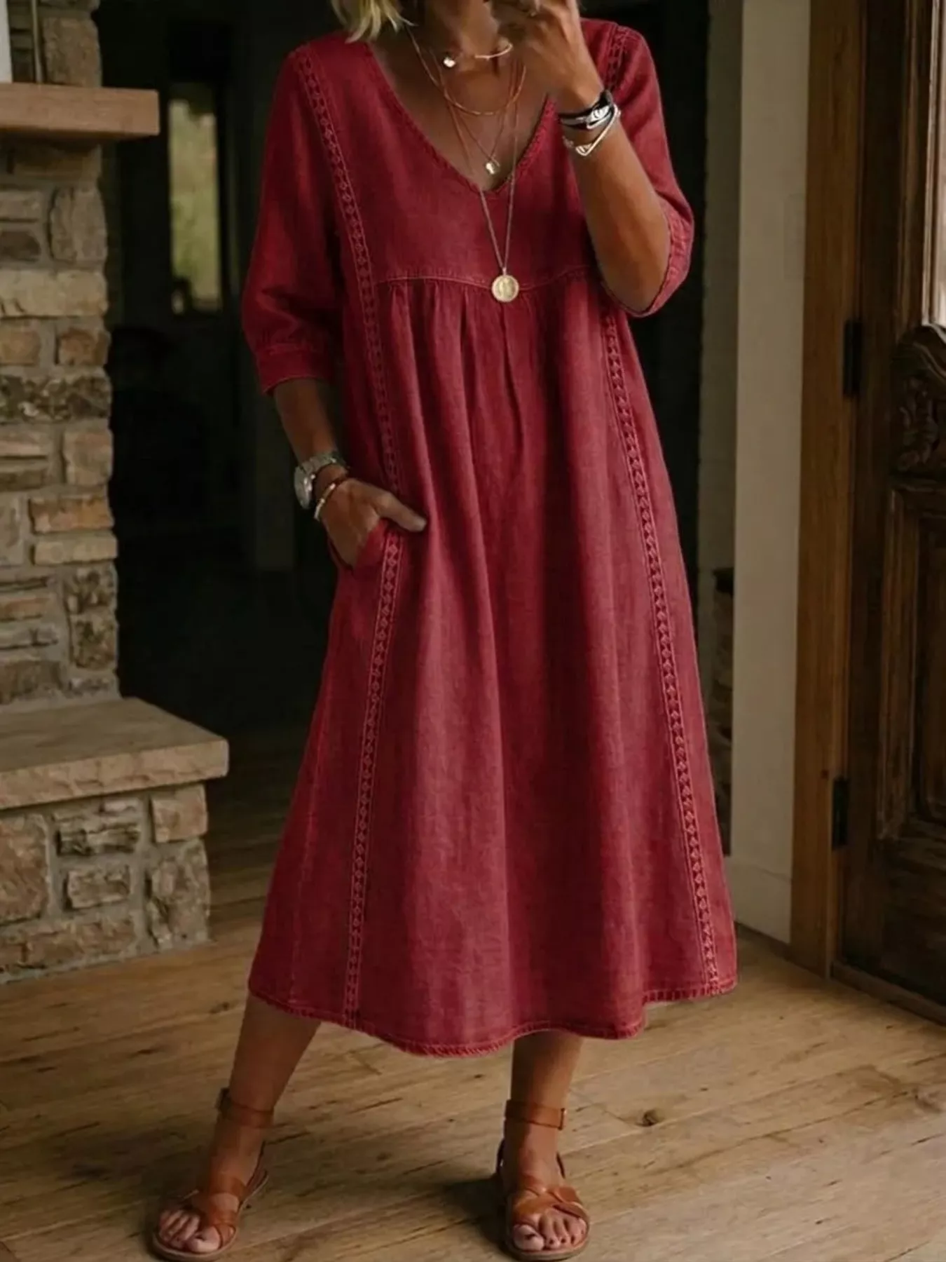 Full Size V-Neck 3/4 Sleeve Midi Dress Plus Size - Image 7