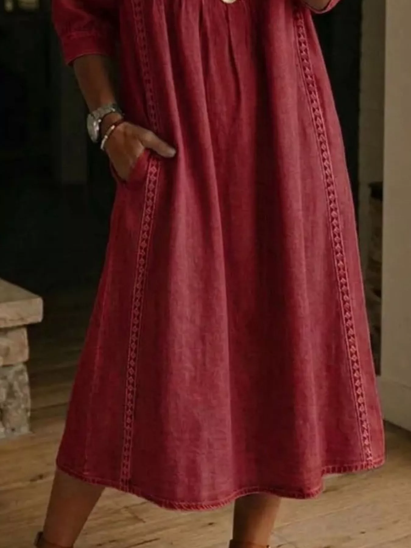 Full Size V-Neck 3/4 Sleeve Midi Dress Plus Size - Image 8