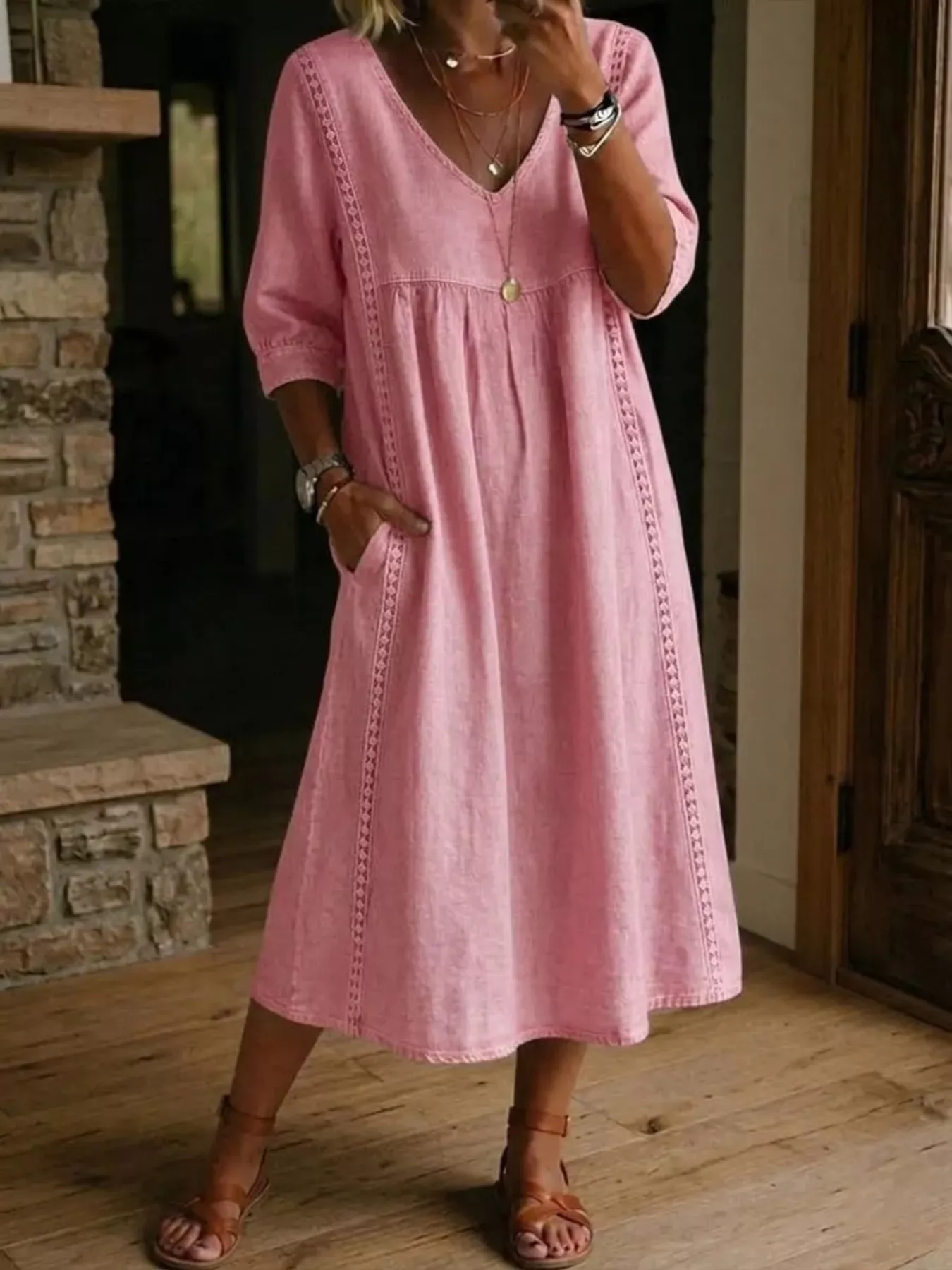 Full Size V-Neck 3/4 Sleeve Midi Dress Plus Size - Image 9