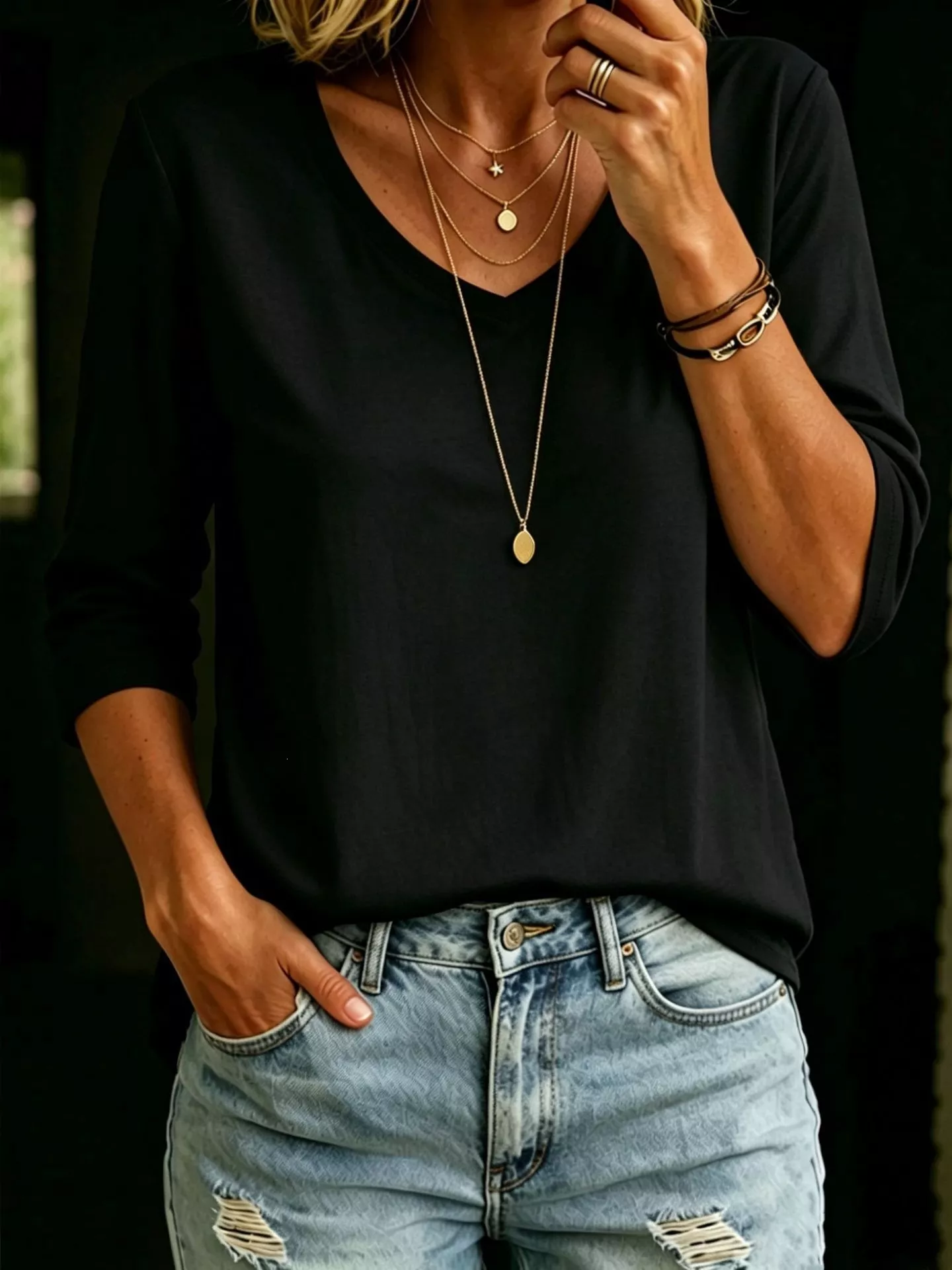 Full Size V-Neck 3/4 Sleeve T-Shirt Plus Size - Image 3