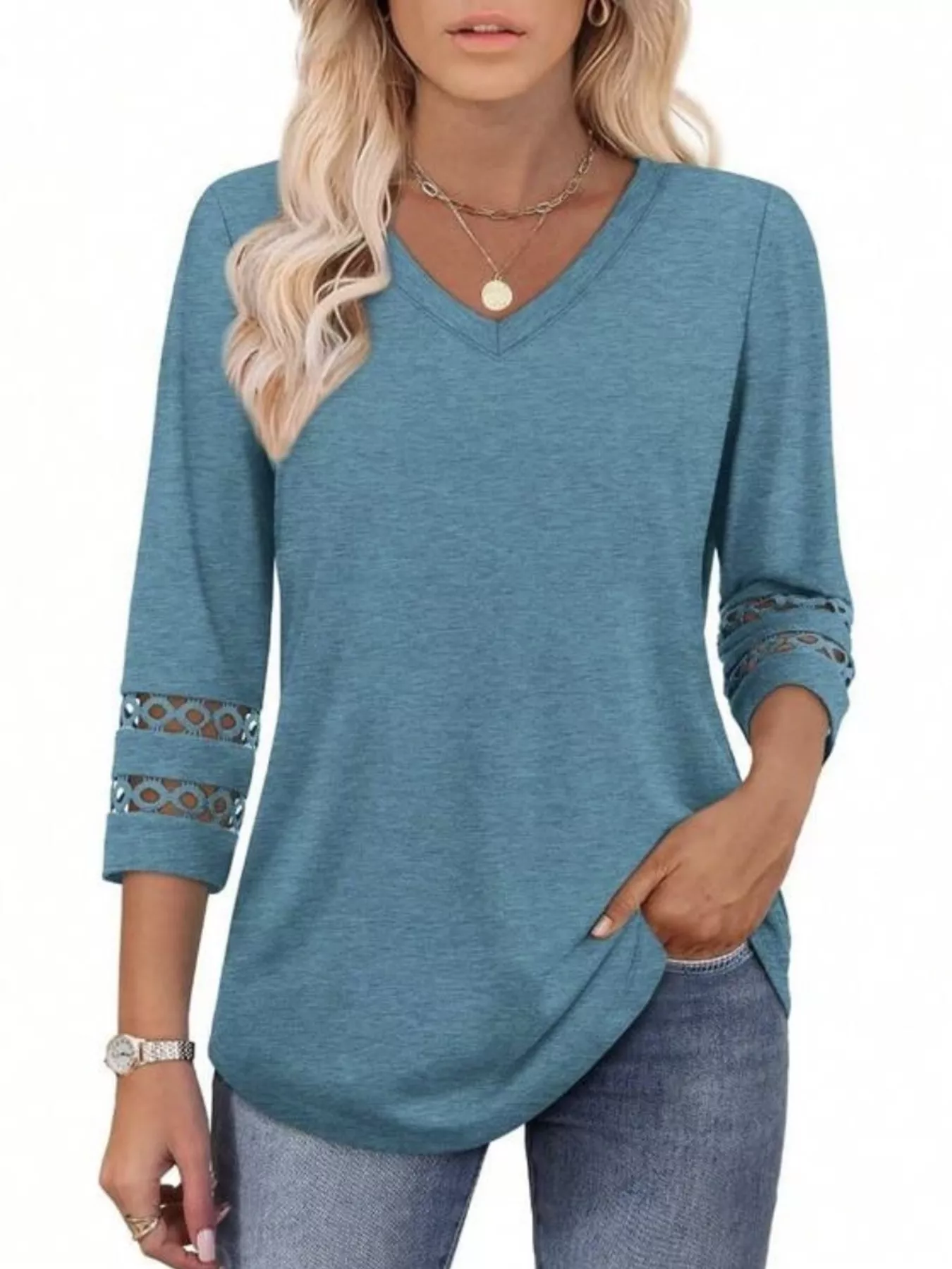 Full Size V-Neck 3/4 Sleeve T-Shirt Plus Size - Image 30