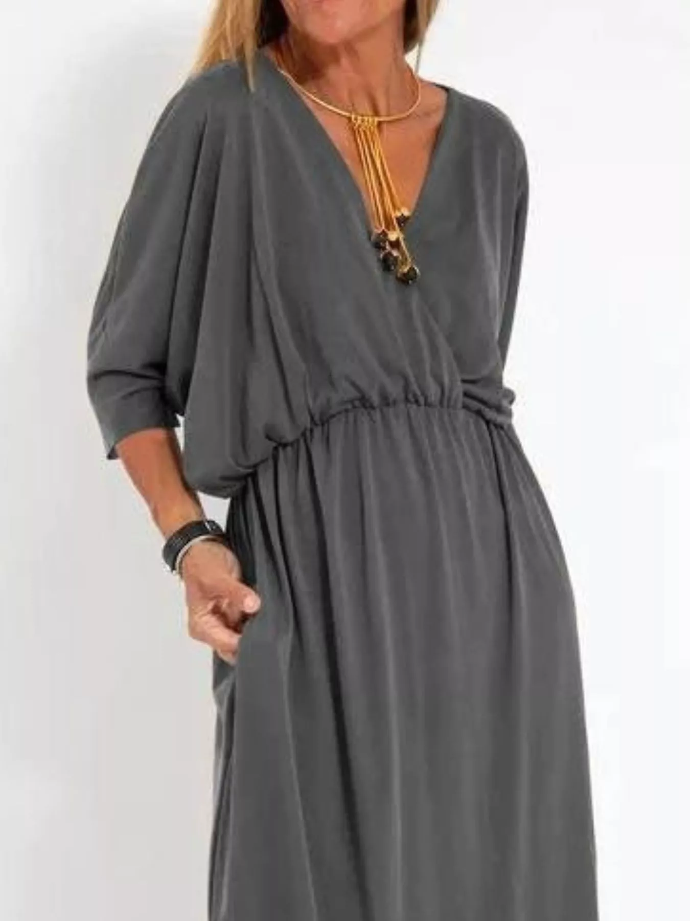 Full Size V-Neck Batwing Sleeve Maxi Dress with Side Slits Plus Size - Image 2