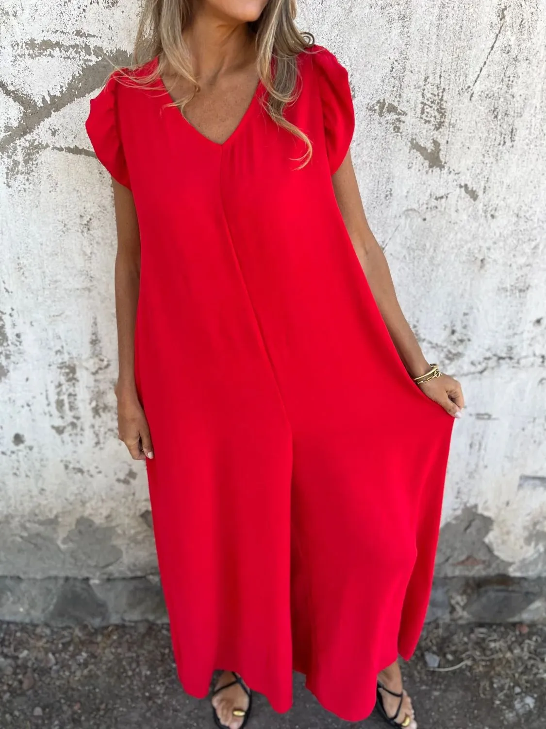 Full Size V-Neck Cap Sleeve Wide Leg Jumpsuit Plus Size - Image 16