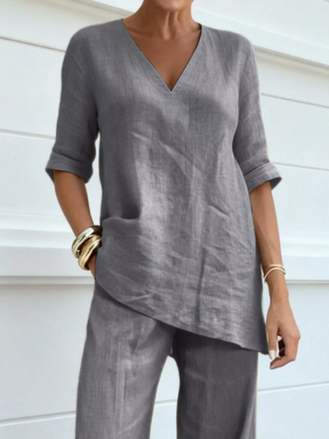 Full Size V-Neck Half Sleeve Top and Pants Set Plus Size - Image 10