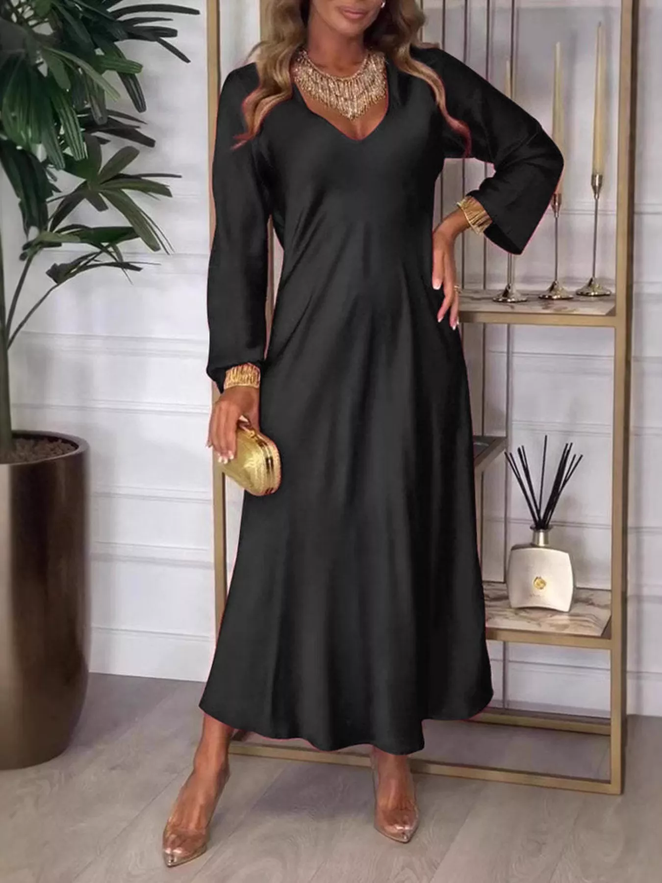 Full Size V-Neck Long Sleeve Midi Dress Plus Size - Image 13