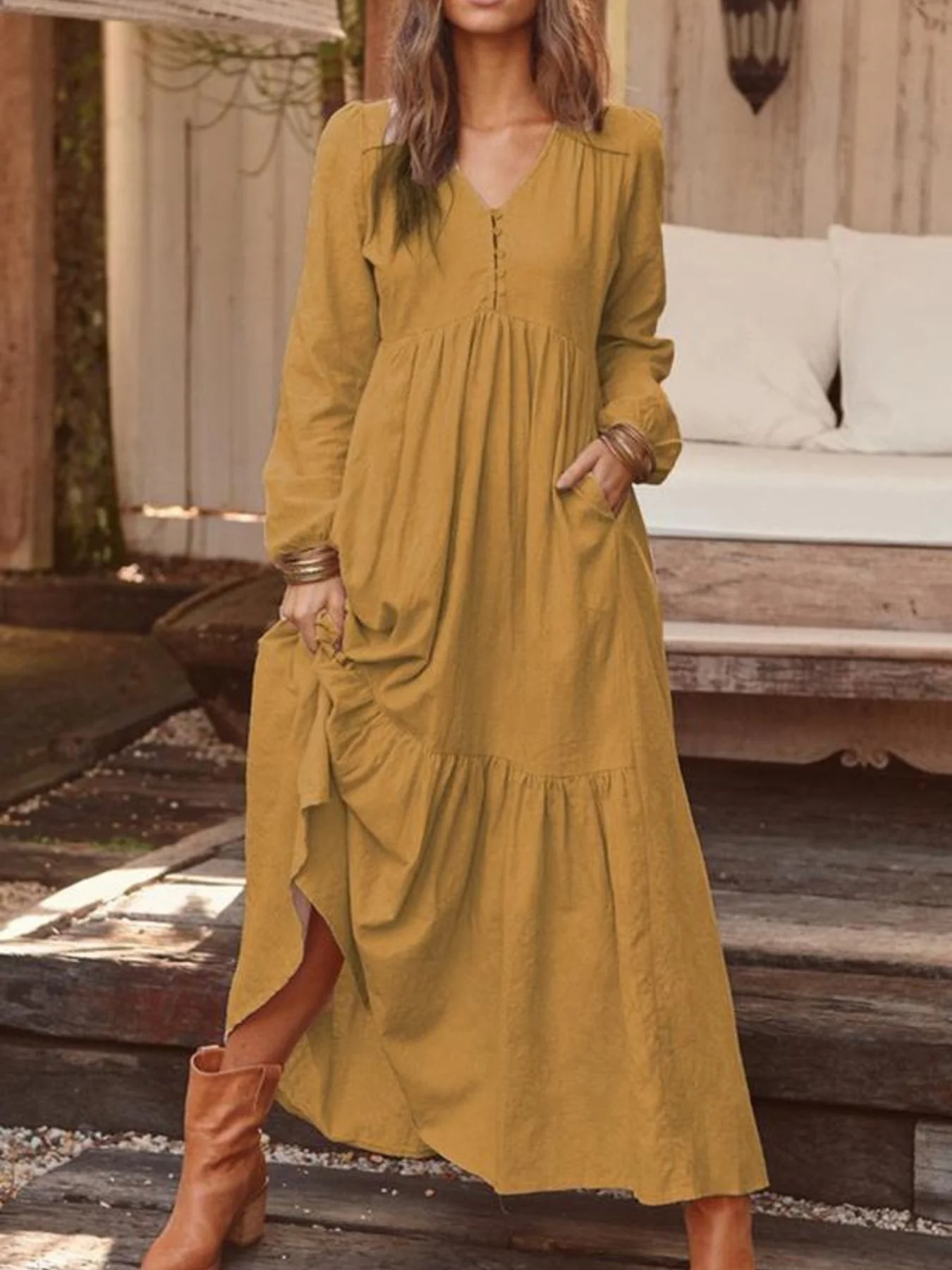Full Size V-Neck Long Sleeve Tiered Maxi Dress Plus Size - Image 13