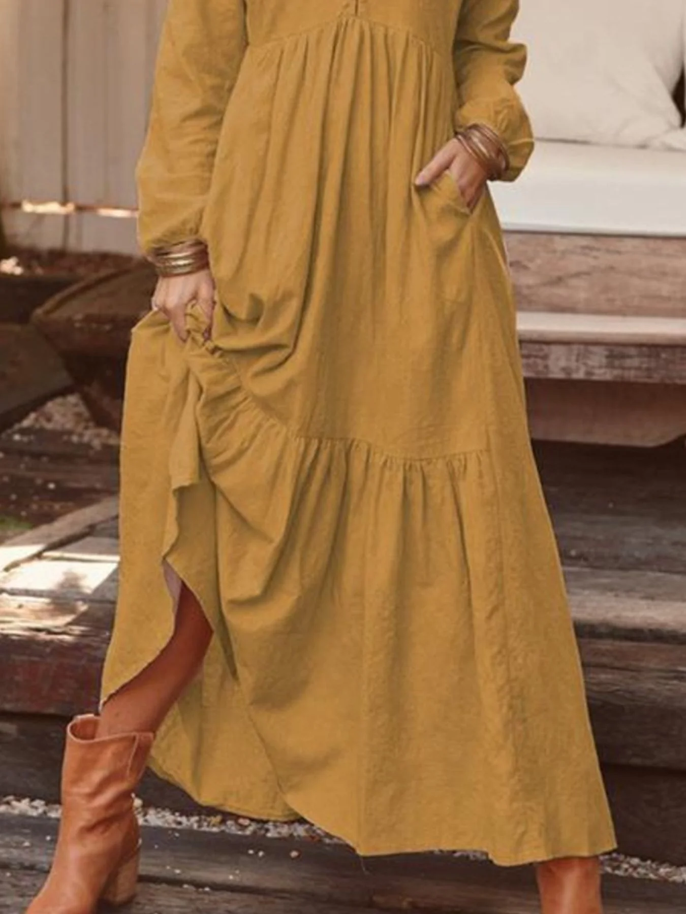 Full Size V-Neck Long Sleeve Tiered Maxi Dress Plus Size - Image 15