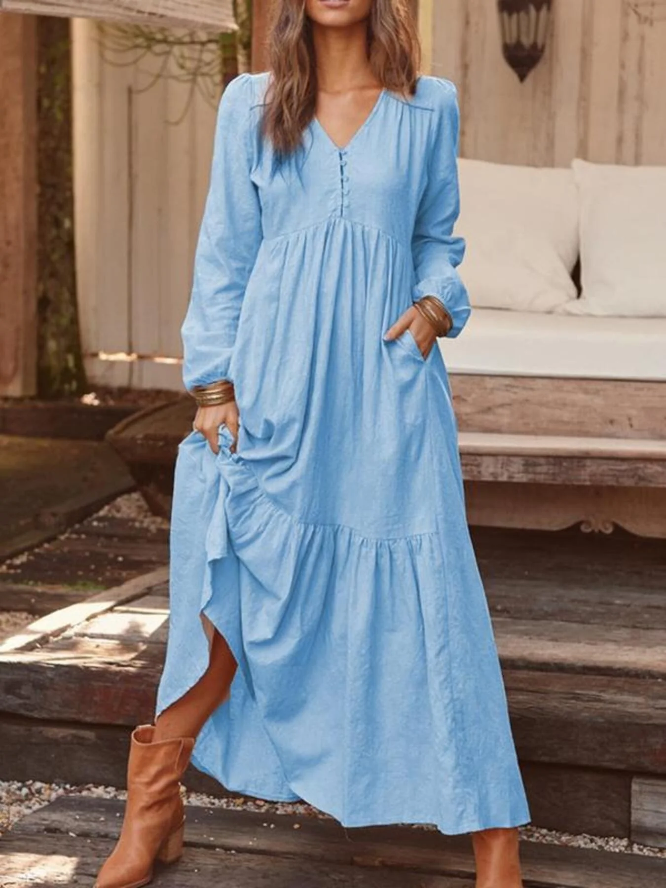 Full Size V-Neck Long Sleeve Tiered Maxi Dress Plus Size - Image 4