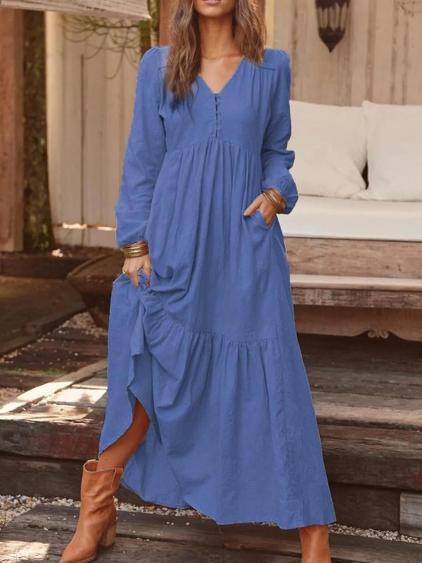 Full Size V-Neck Long Sleeve Tiered Maxi Dress Plus Size - Image 7