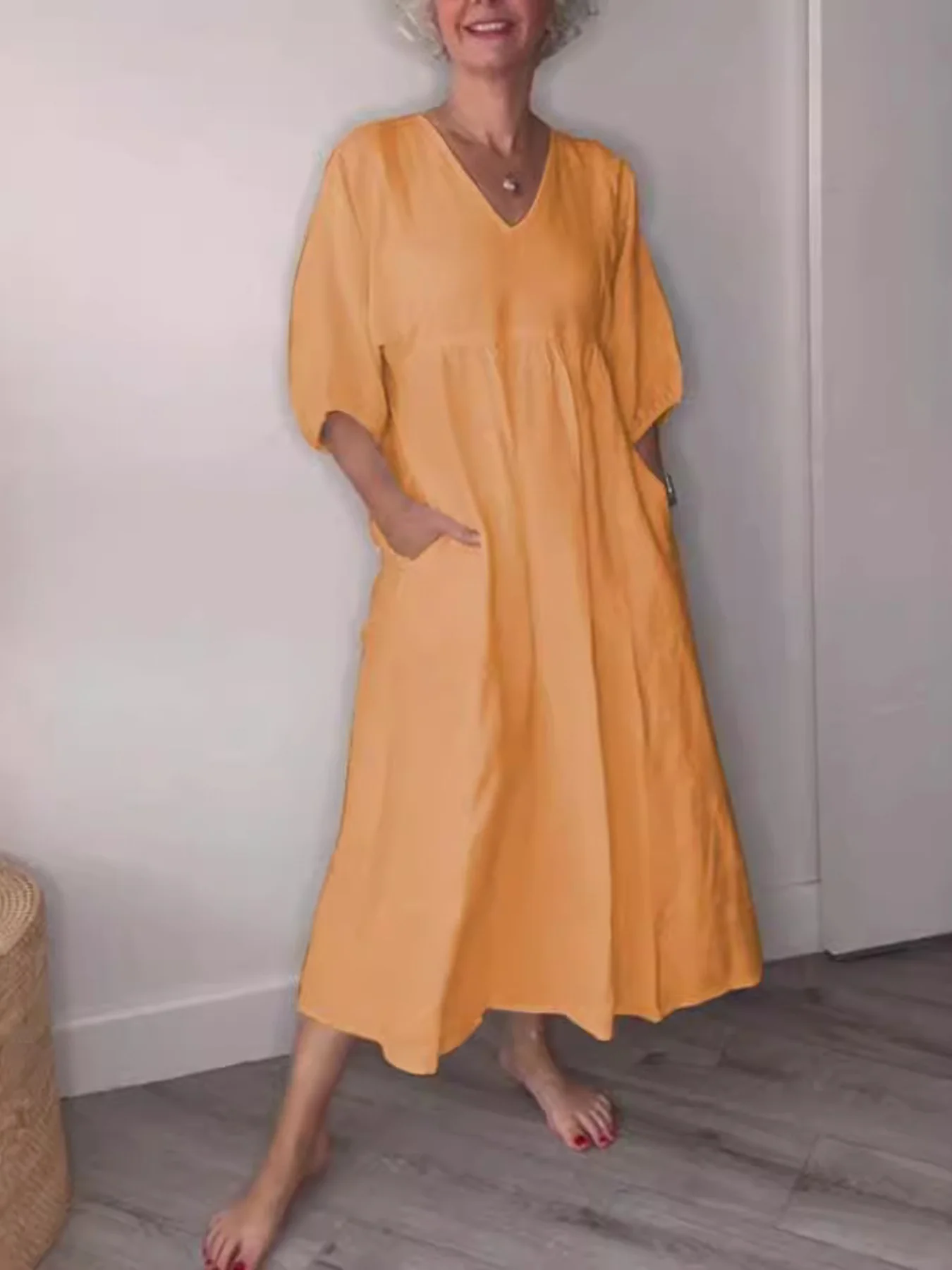 Full Size V-Neck Loose Fit Midi Dress with Pockets Plus Size - Image 10