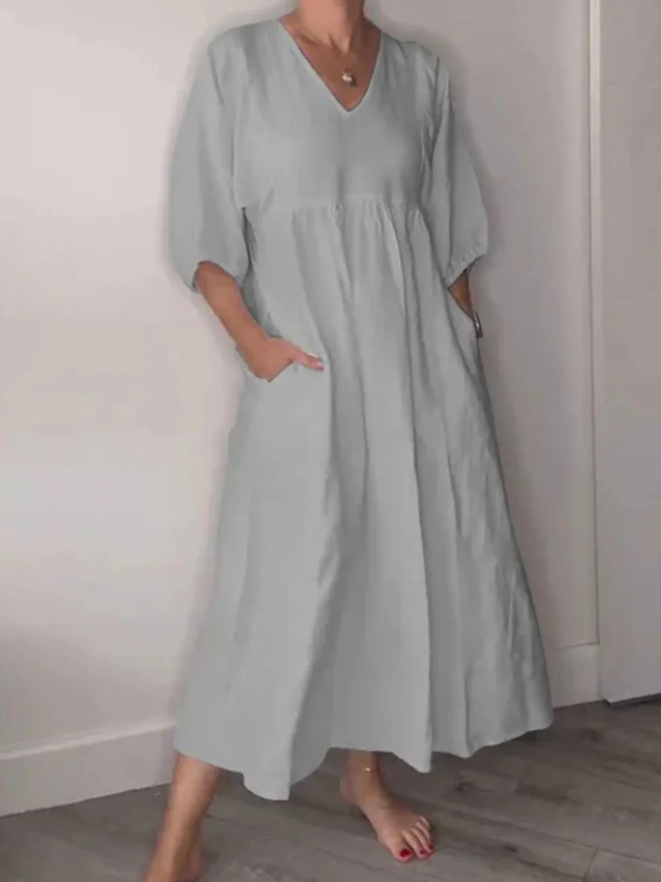 Full Size V-Neck Loose Fit Midi Dress with Pockets Plus Size - Image 7