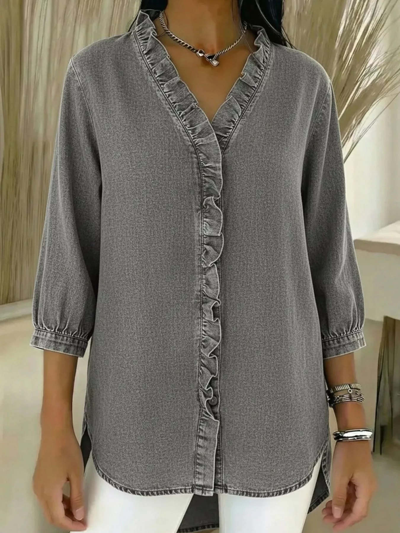 Full Size V-Neck Ruffled Button Down Shirt Plus Size - Image 10