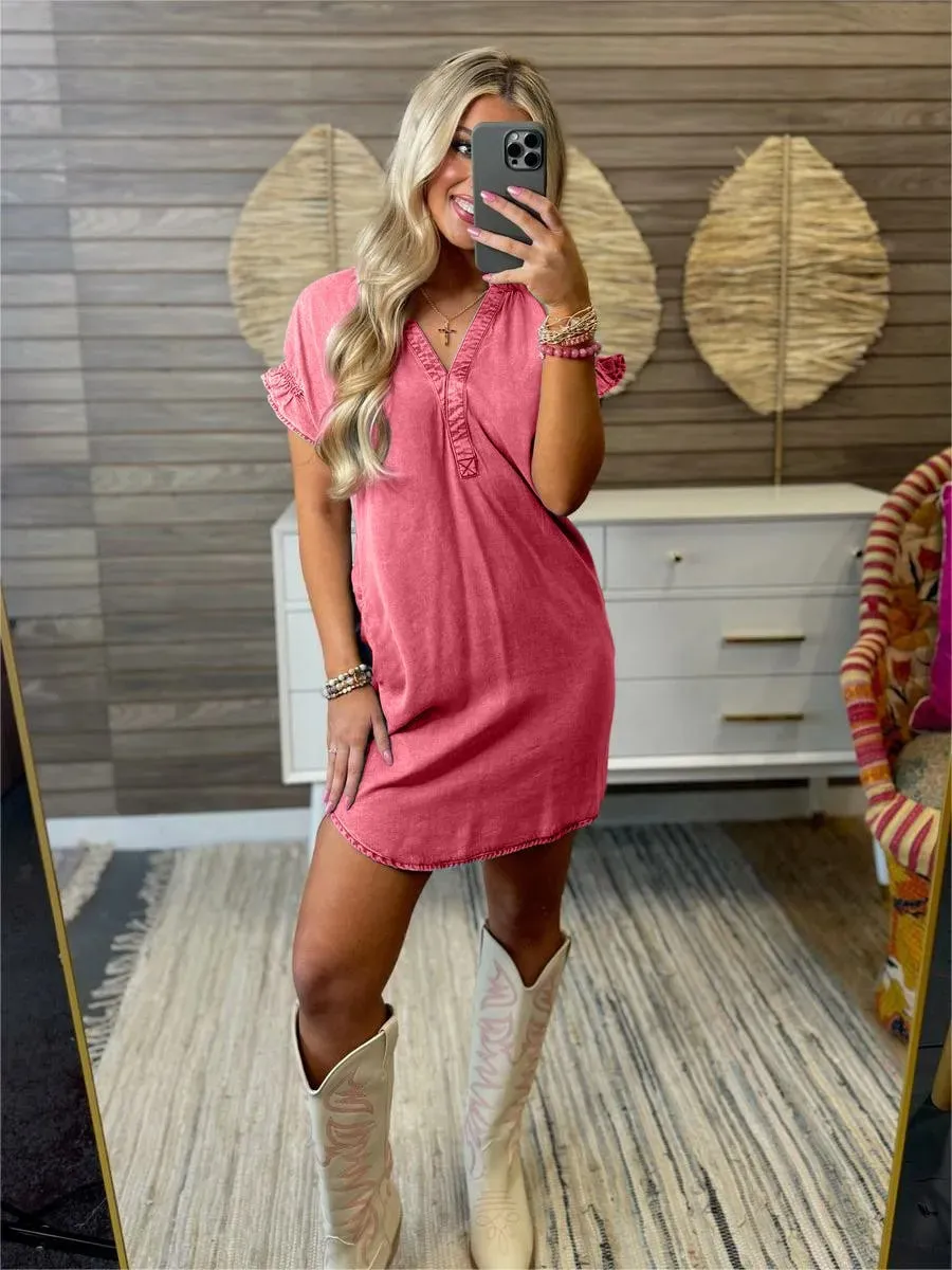 Full Size V-Neck Short Sleeve Denim Dress Plus Size - Image 10