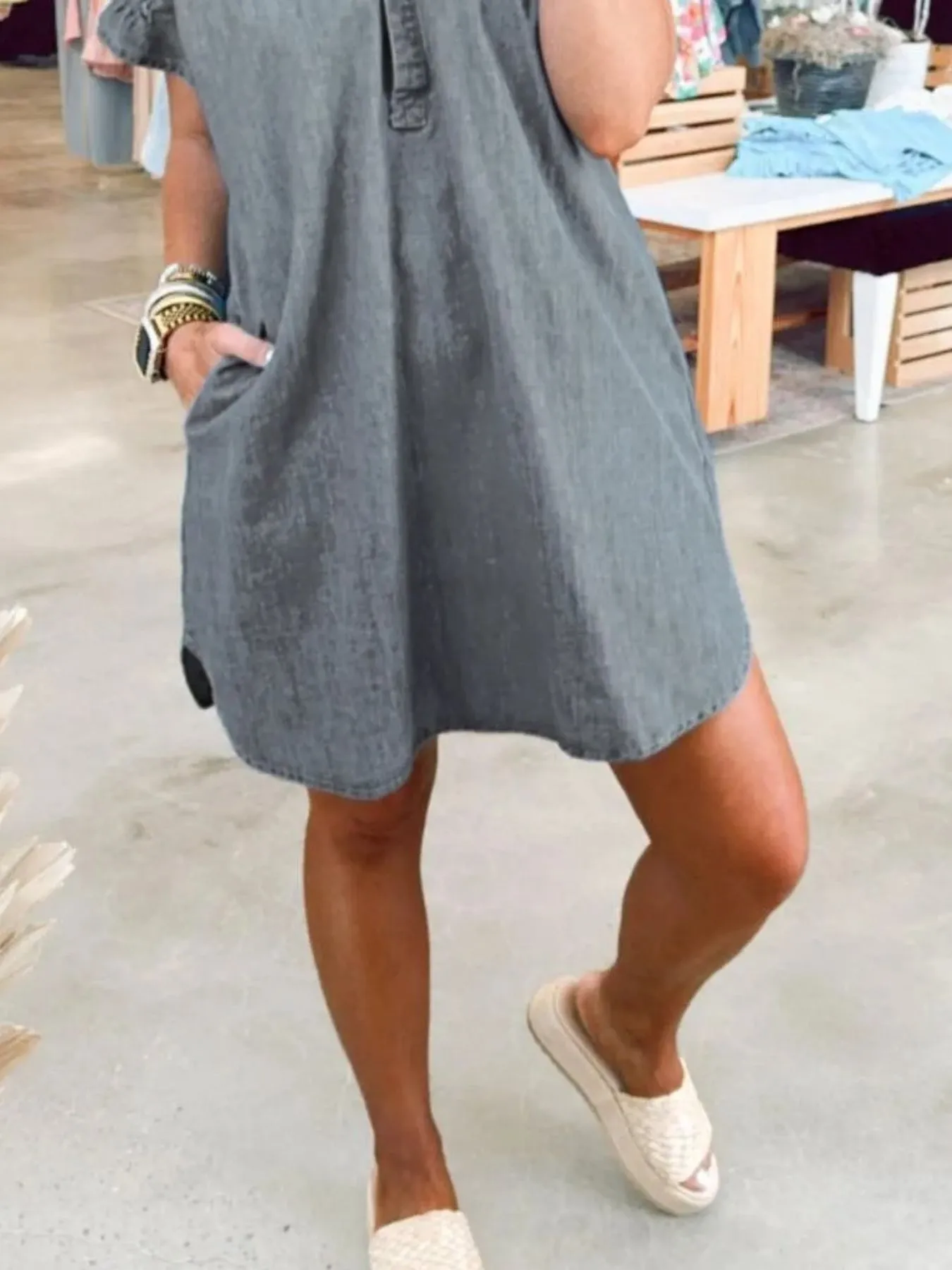 Full Size V-Neck Short Sleeve Denim Dress Plus Size - Image 33