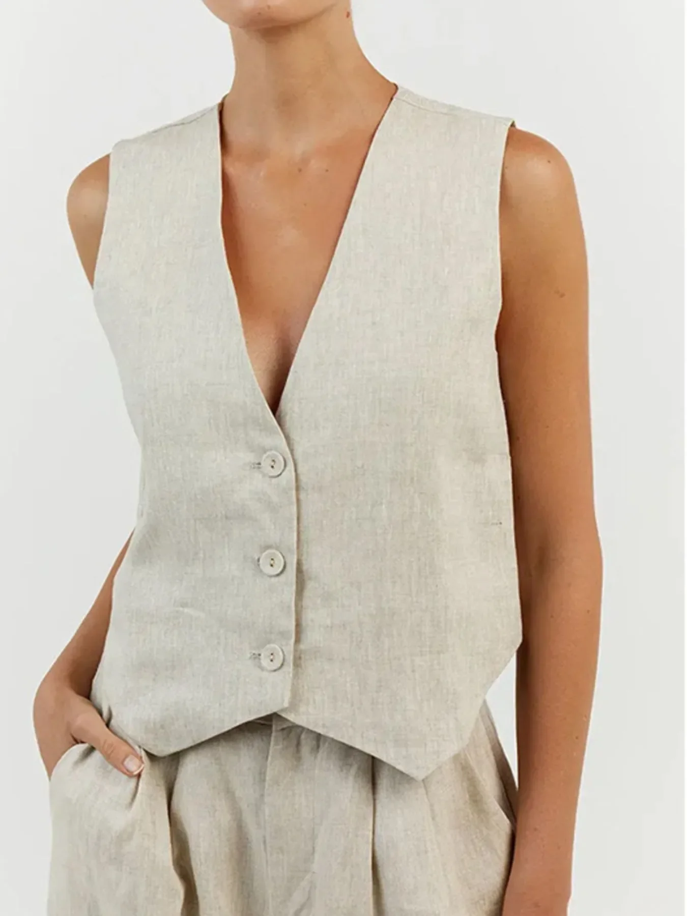 Full Size V-Neck Vest and Wide Leg Pants Set Plus Size - Image 6