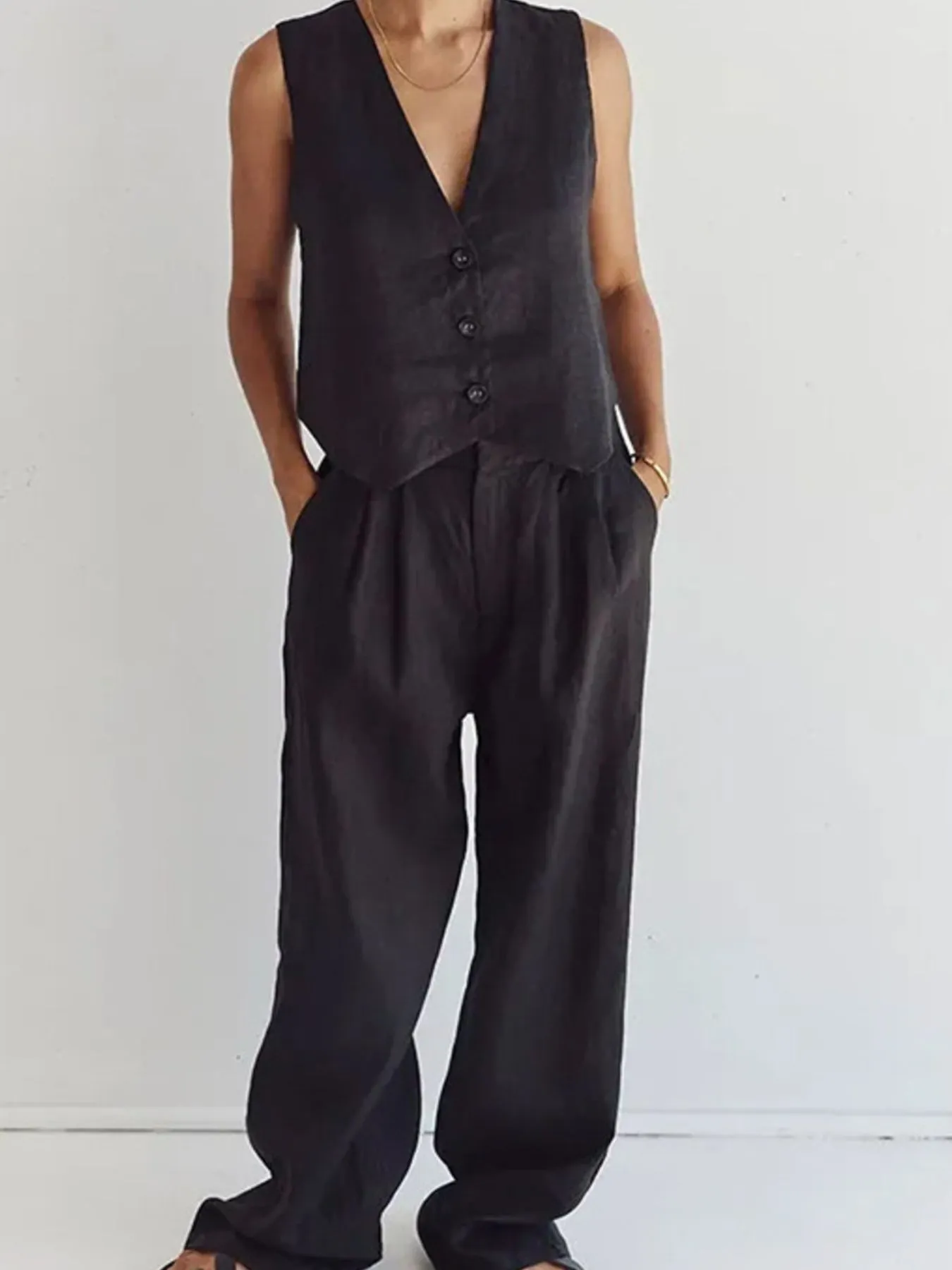 Full Size V-Neck Vest and Wide Leg Pants Set Plus Size - Image 7