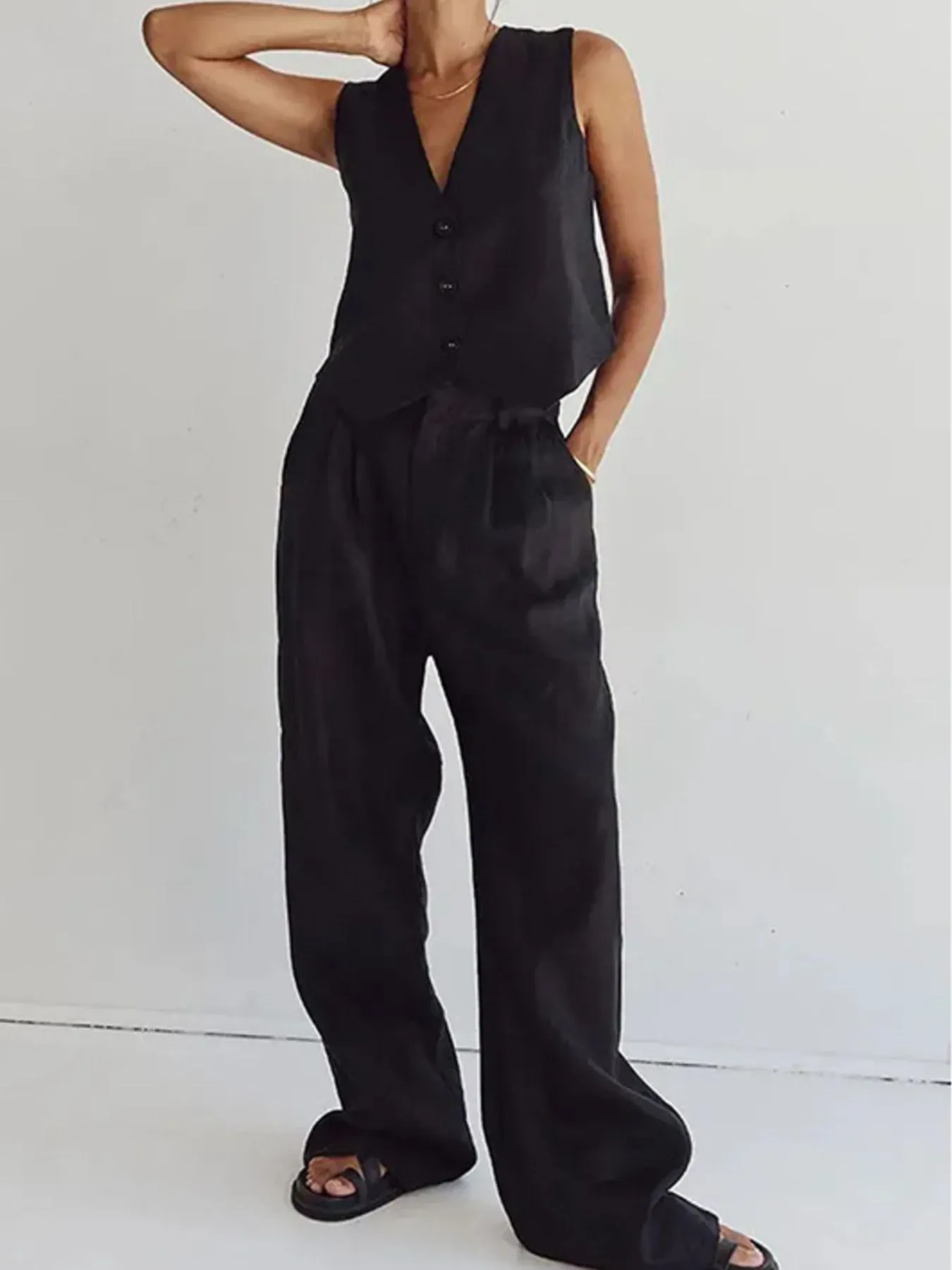Full Size V-Neck Vest and Wide Leg Pants Set Plus Size - Image 8
