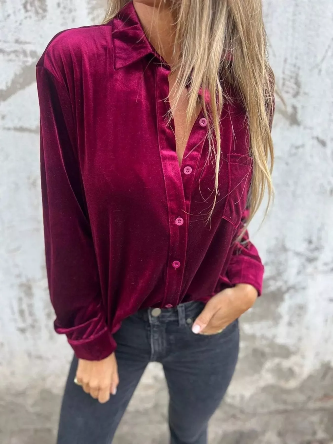 Full Size Velvet Button-Up Long Sleeve Shirt Plus Size - Image 4
