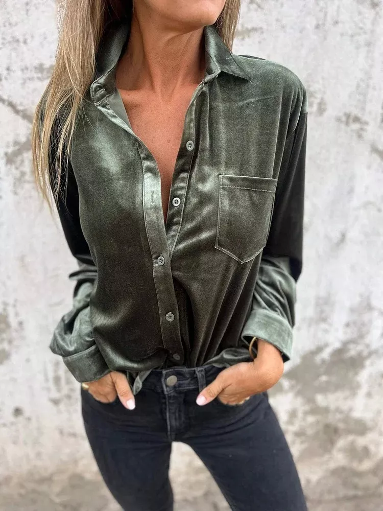 Full Size Velvet Button-Up Long Sleeve Shirt Plus Size - Image 9