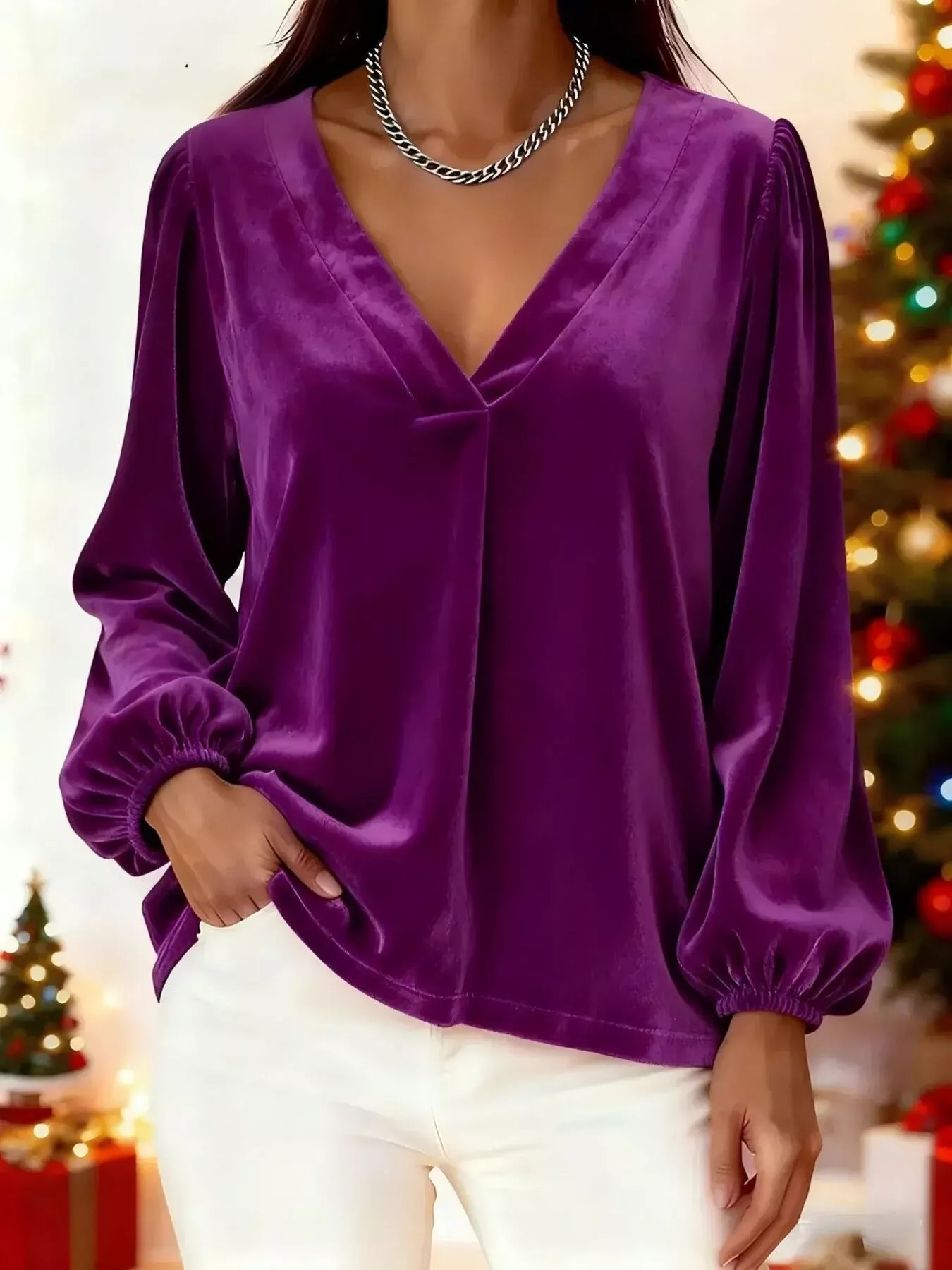 Full Size Velvet V-Neck Long Sleeve Blouse Plus Size - Image 10
