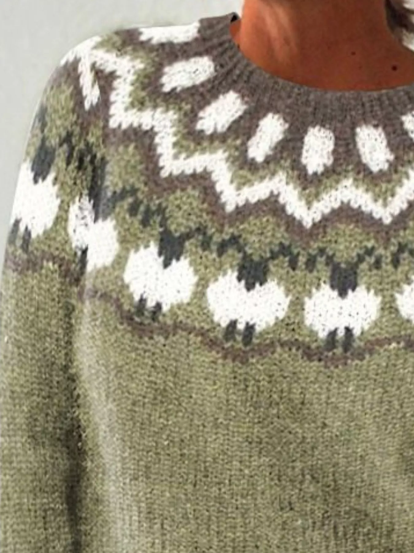 Full Size Vintage Patterned Round Neck Sweater Plus Size - Image 11