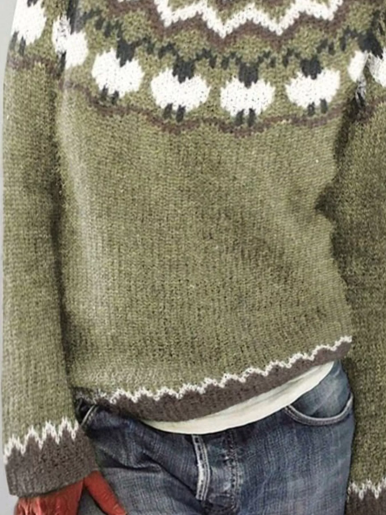Full Size Vintage Patterned Round Neck Sweater Plus Size - Image 12