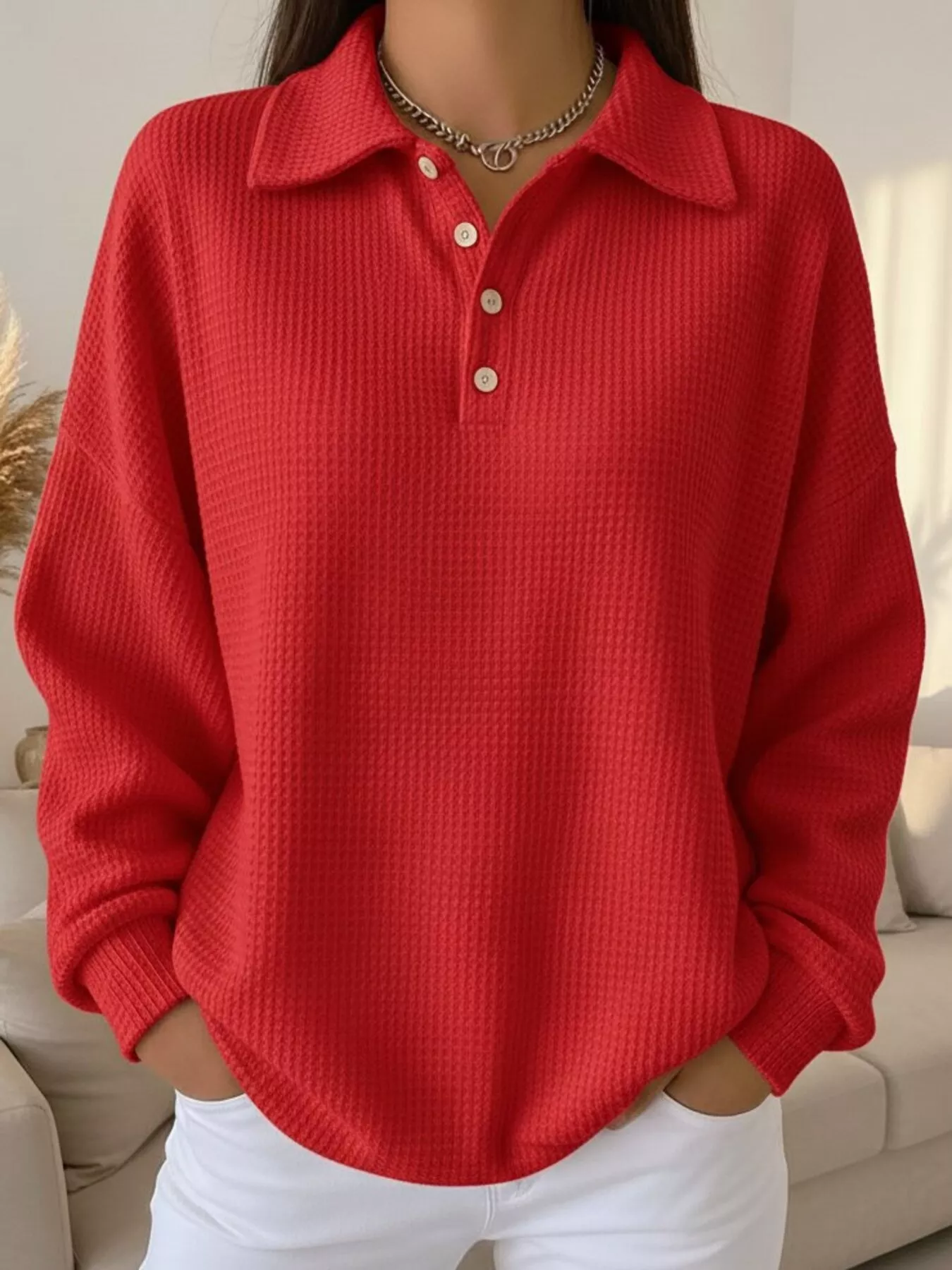 Full Size Waffle Knit Button Detail Sweatshirt Plus Size - Image 7
