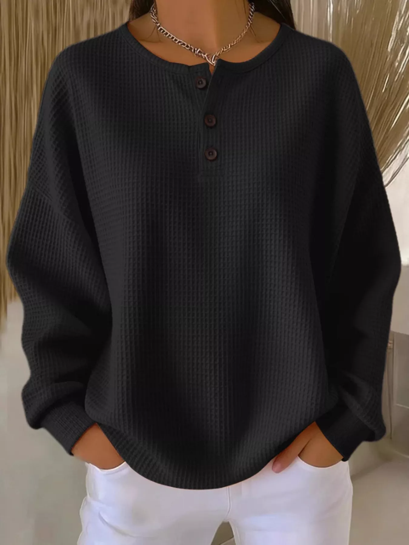 Full Size Waffle Knit Half Button T-Shirt Plus Size
