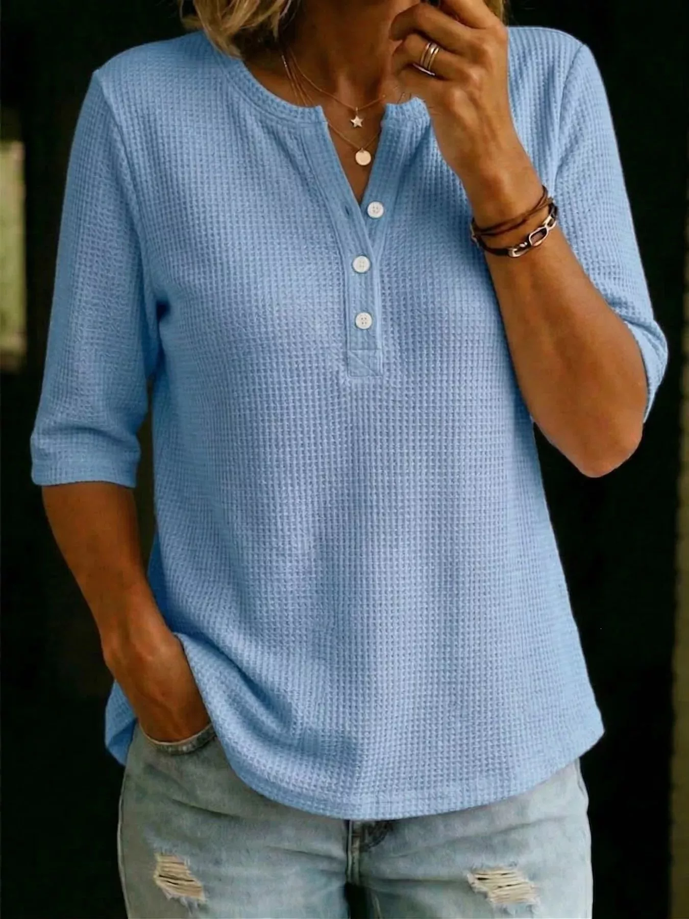 Full Size Waffle Knit Henley T-Shirt Plus Size - Image 3