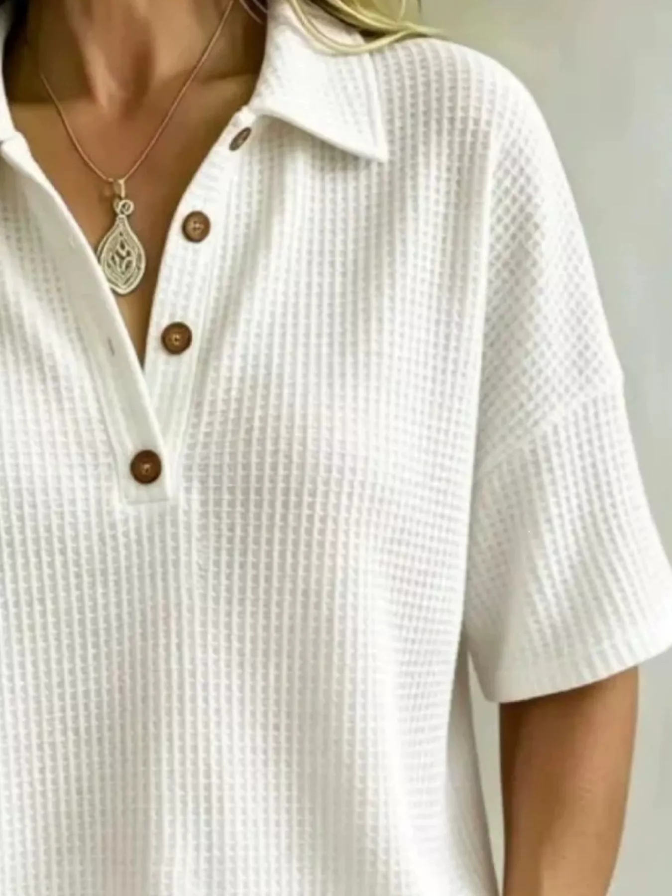 Full Size Waffle Knit Polo Top with Button Detail Plus Size - Image 2
