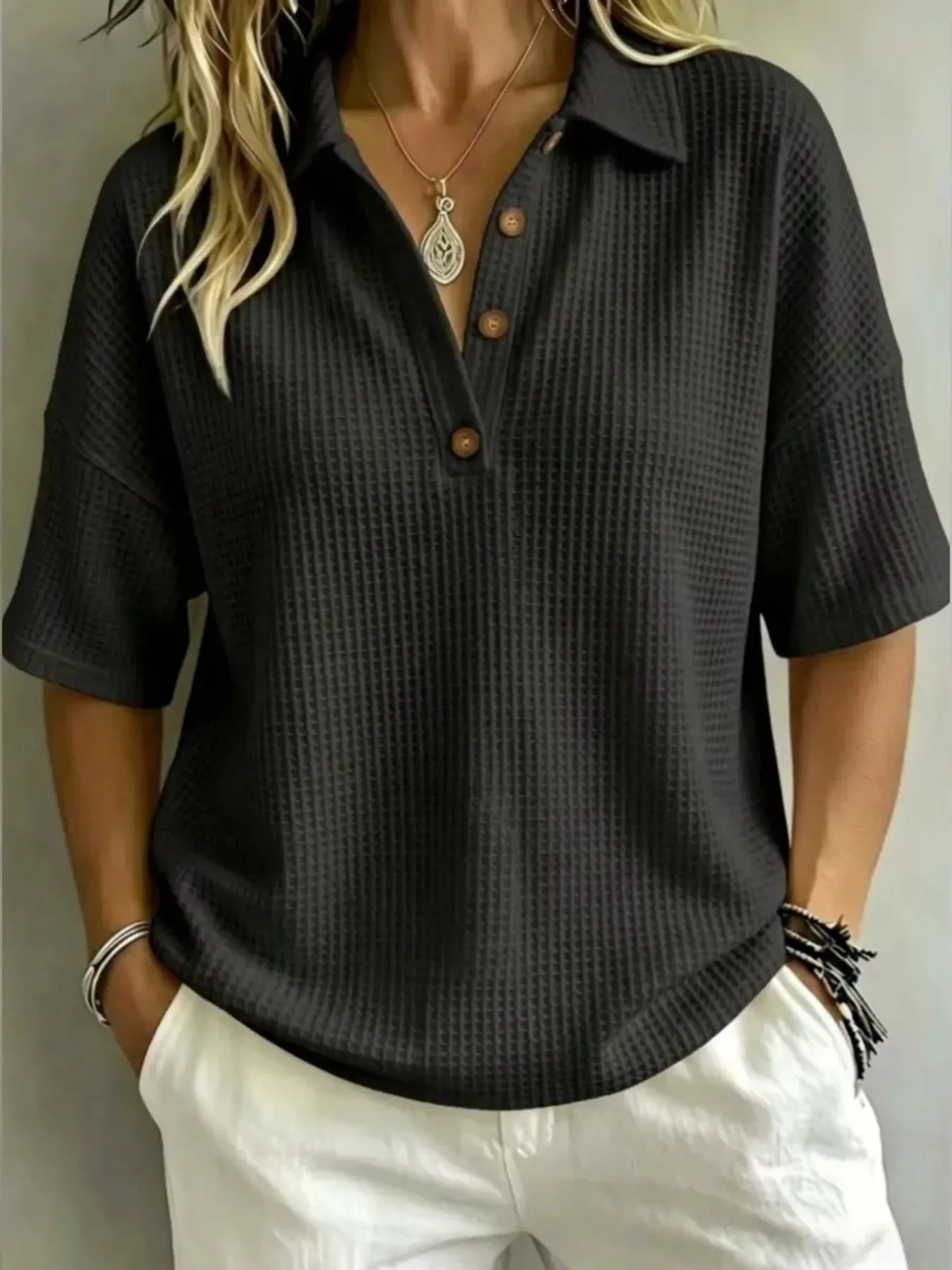 Full Size Waffle Knit Polo Top with Button Detail Plus Size - Image 5