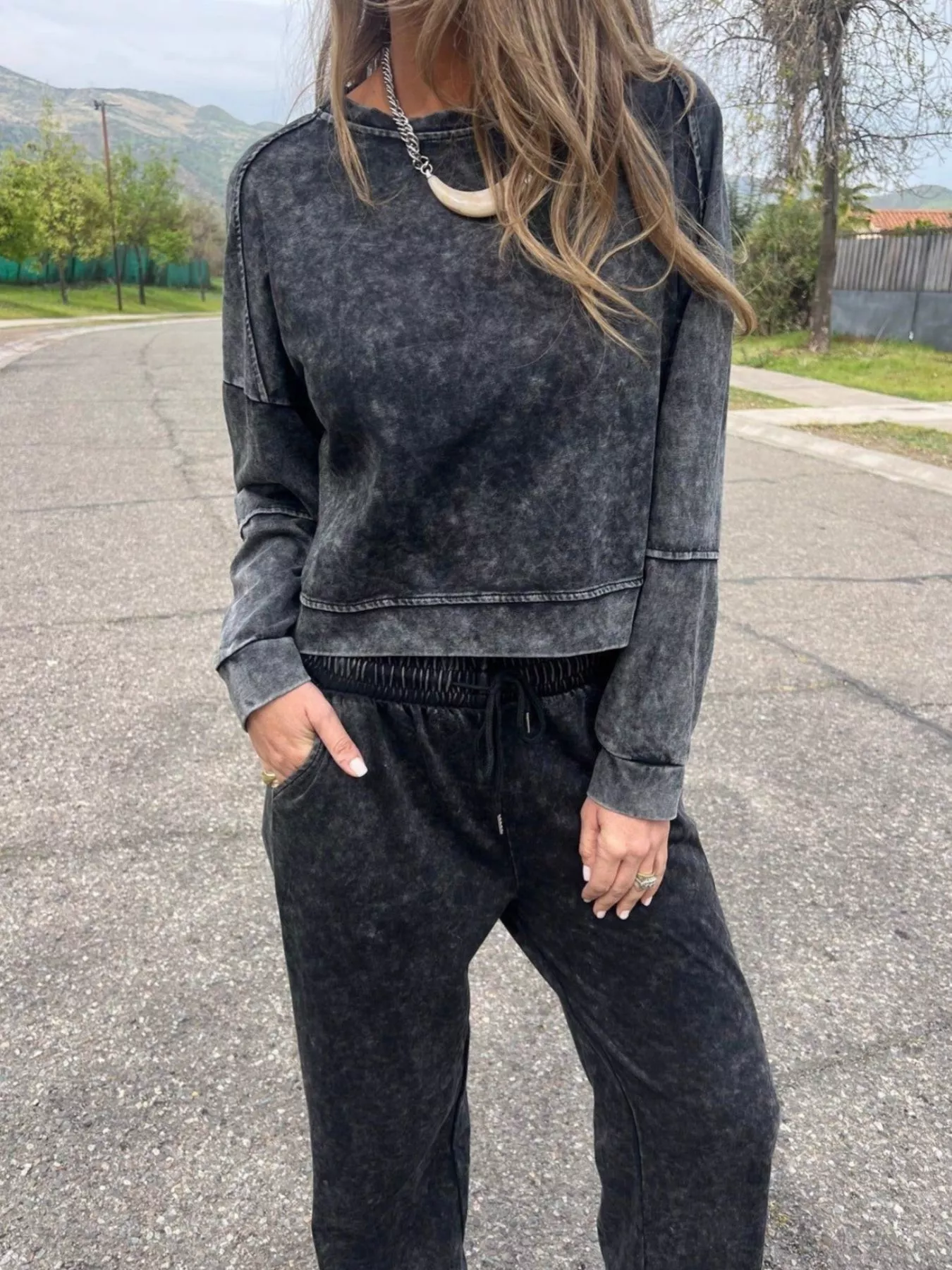 Full Size Washed Round Neck Top and Drawstring Pants Set Plus Size - Image 2