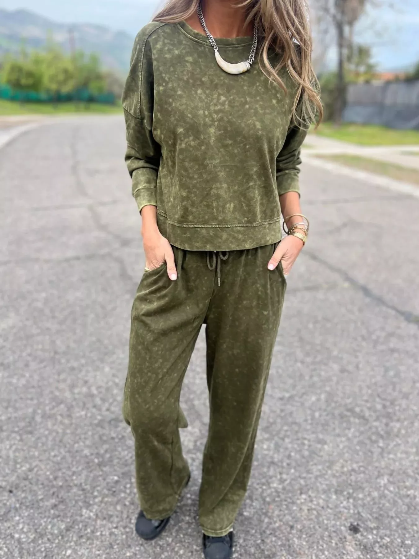 Full Size Washed Round Neck Top and Drawstring Pants Set Plus Size - Image 8