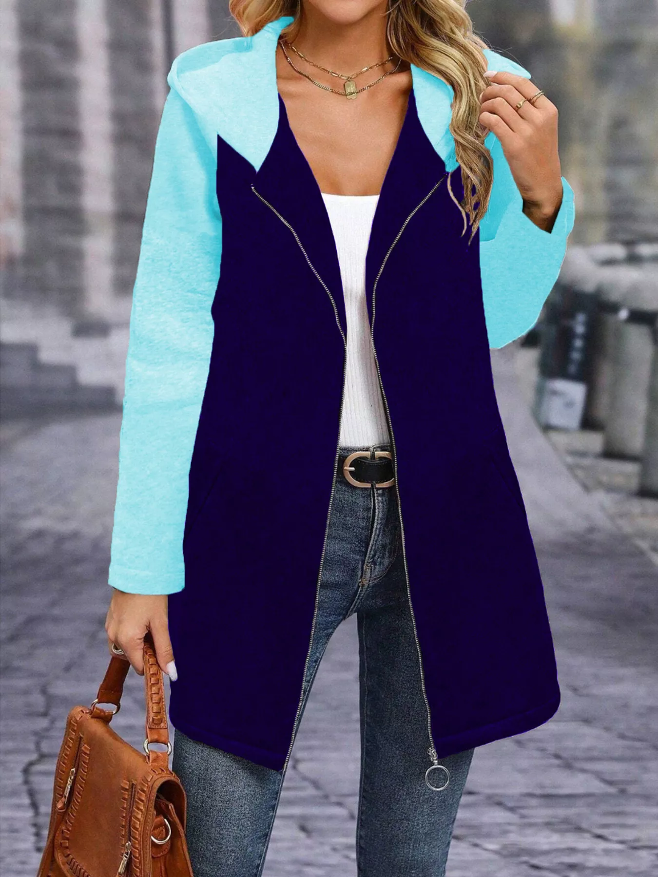 Full Size Zip Up Hooded Longline Outerwear Plus Size - Image 4