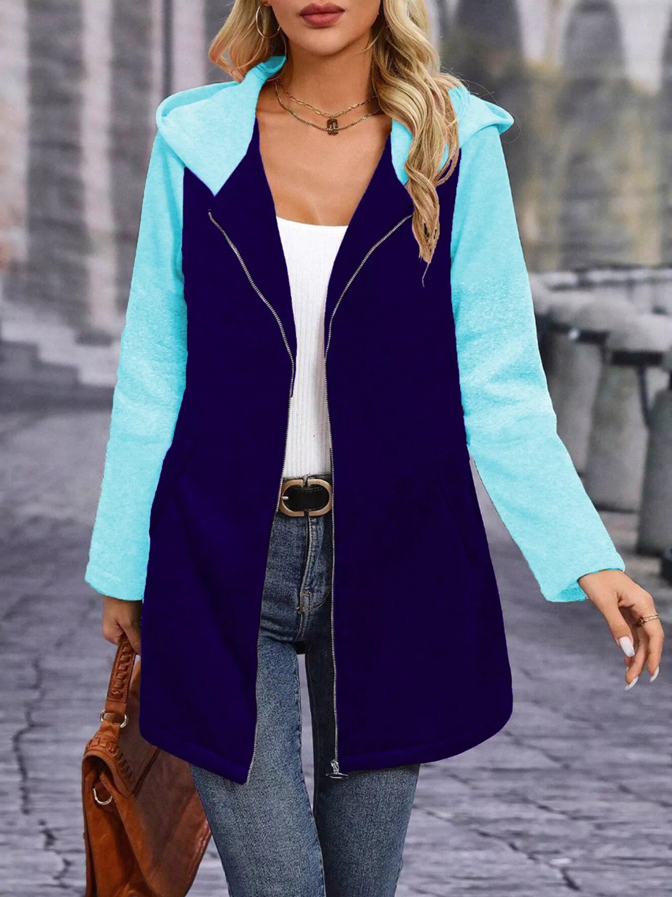 Full Size Zip Up Hooded Longline Outerwear Plus Size - Image 5
