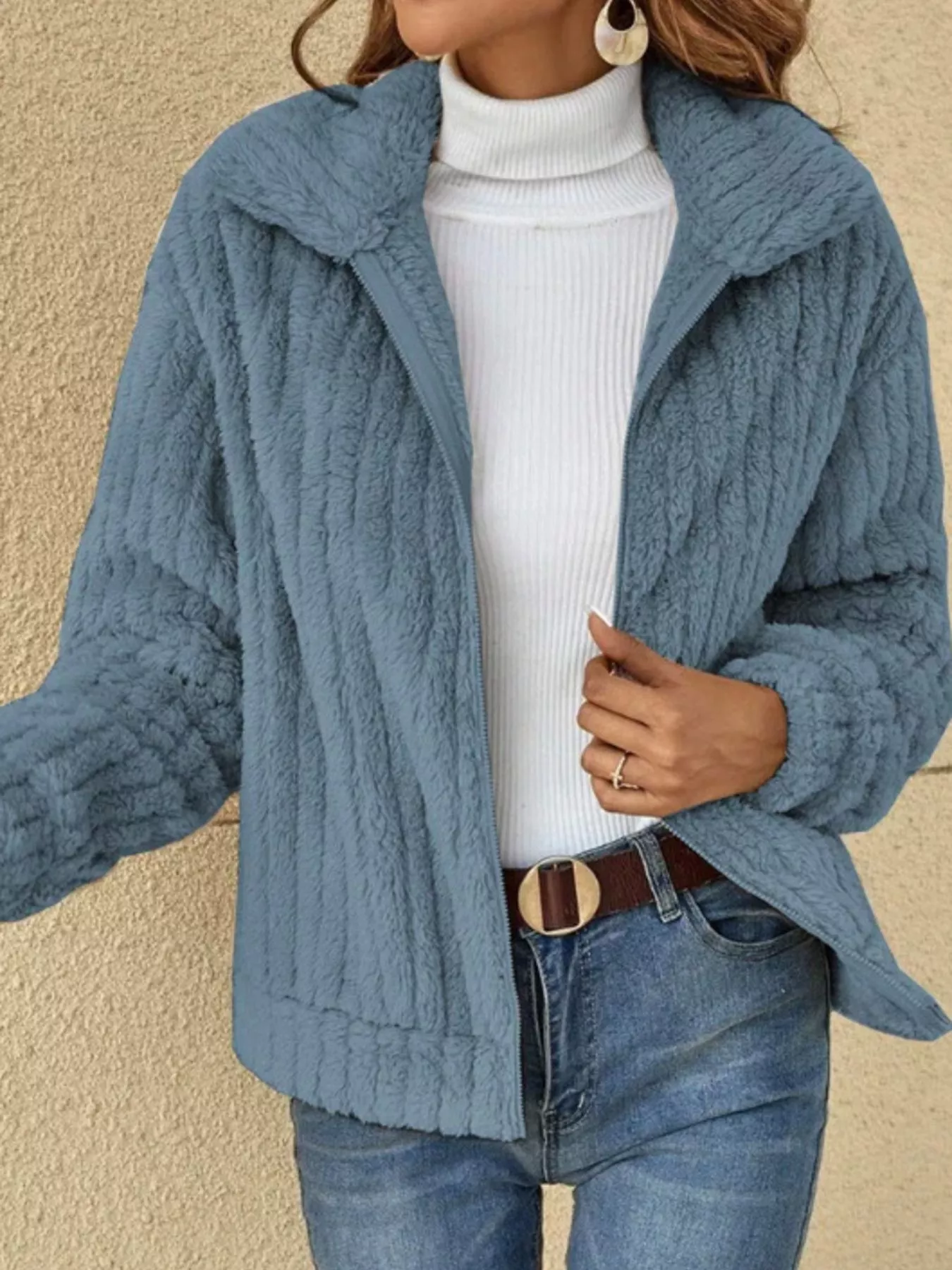 Full Size Zip-Up Long Sleeve Texture Jacket Plus Size - Image 4