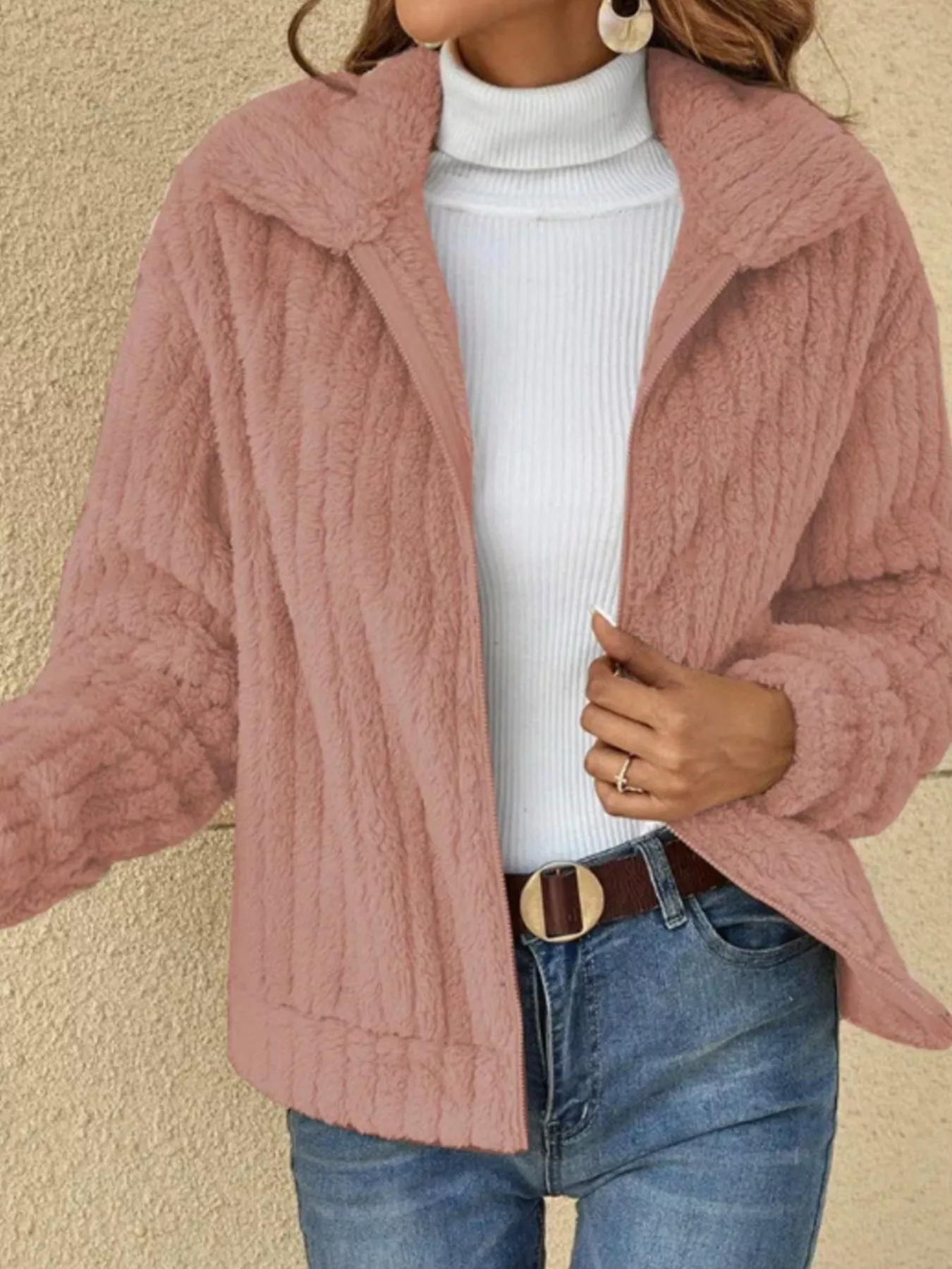 Full Size Zip-Up Long Sleeve Texture Jacket Plus Size - Image 7