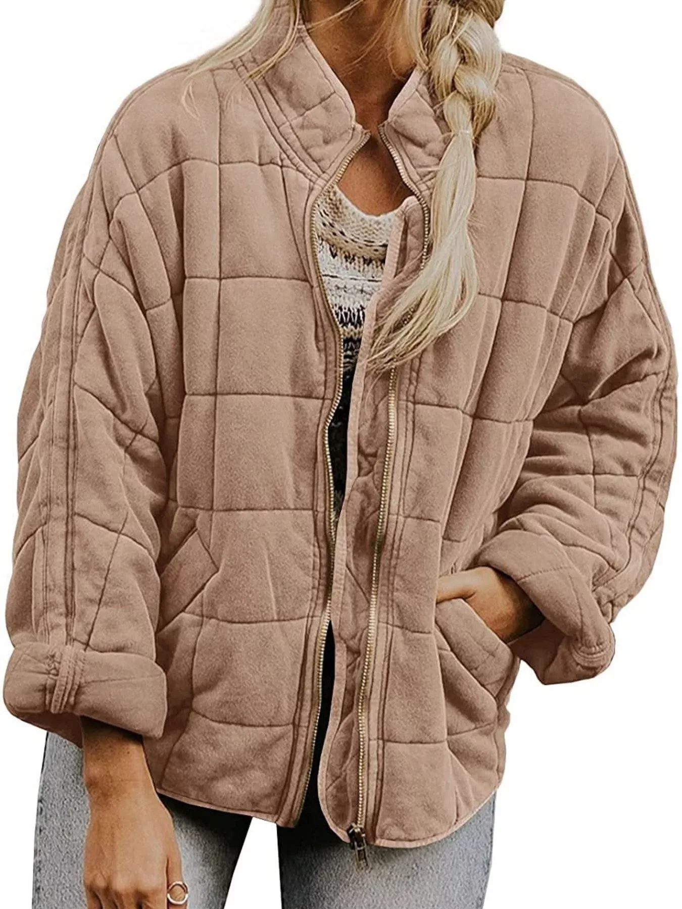 Full Size Zip Up Quilted Bomber Jacket Plus Size - Image 10