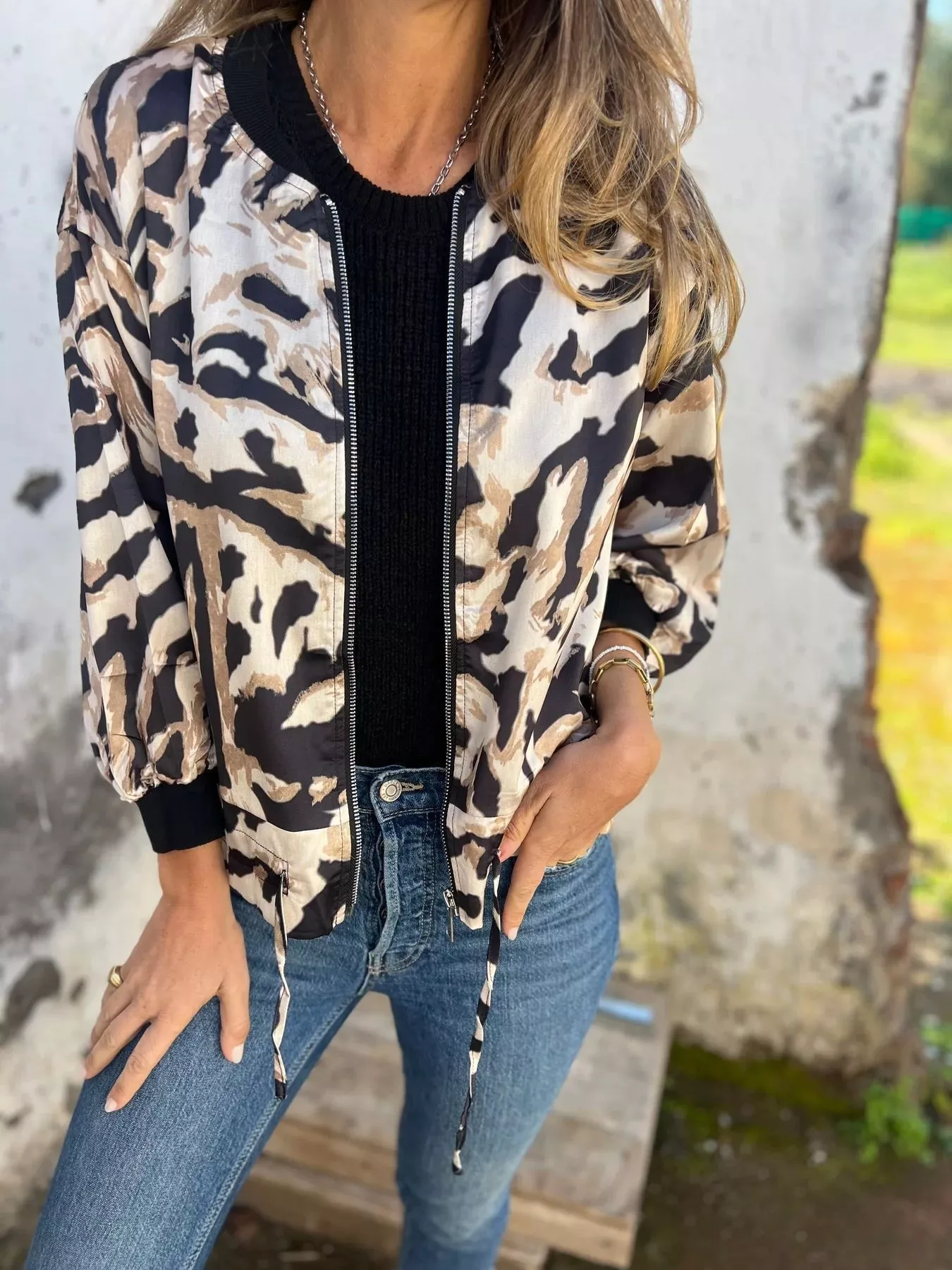 Full Size Zip Up Zebra Print Bomber Jacket Plus Size - Image 4