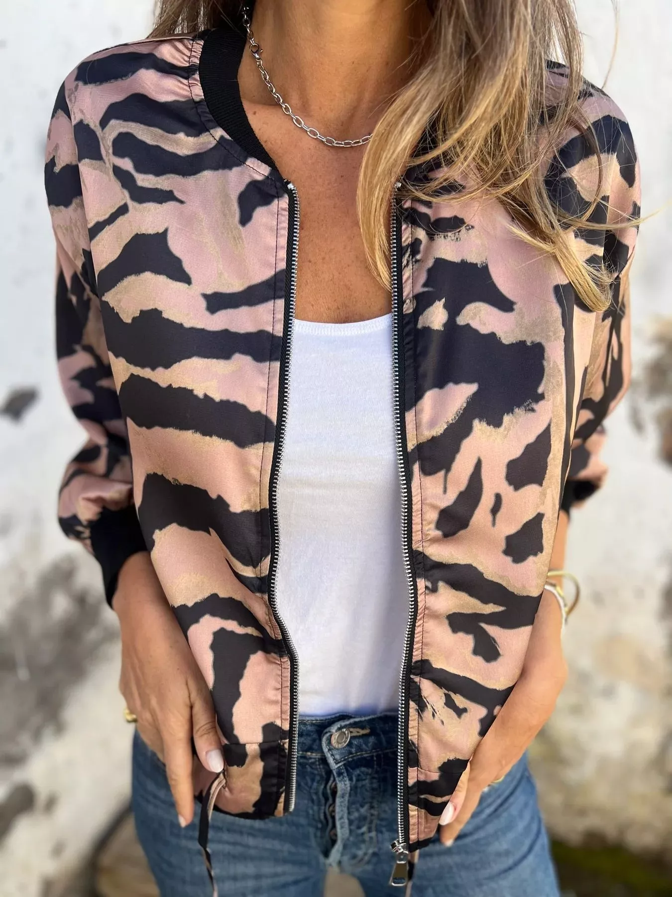 Full Size Zip Up Zebra Print Bomber Jacket Plus Size - Image 8