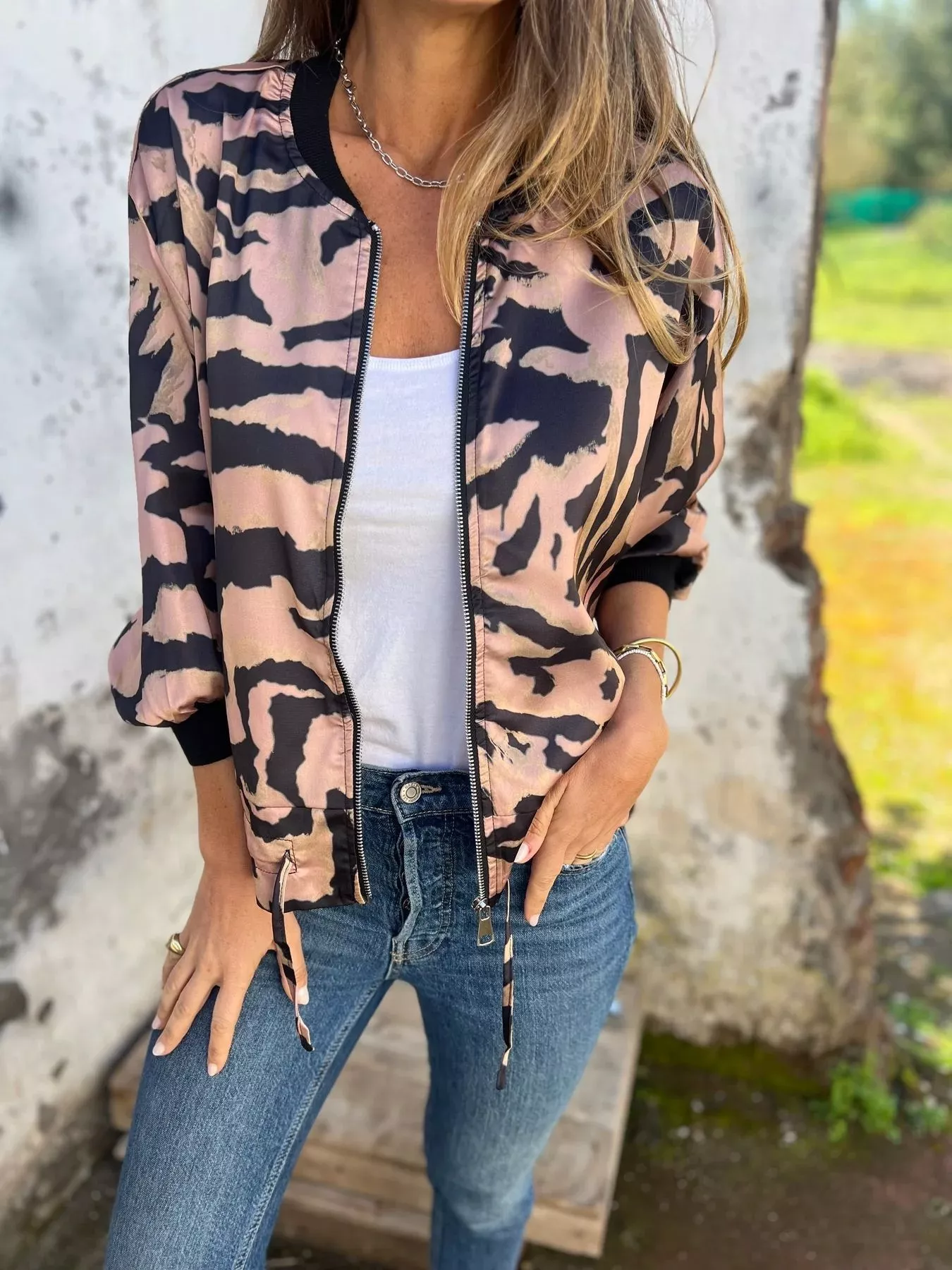 Full Size Zip Up Zebra Print Bomber Jacket Plus Size - Image 9