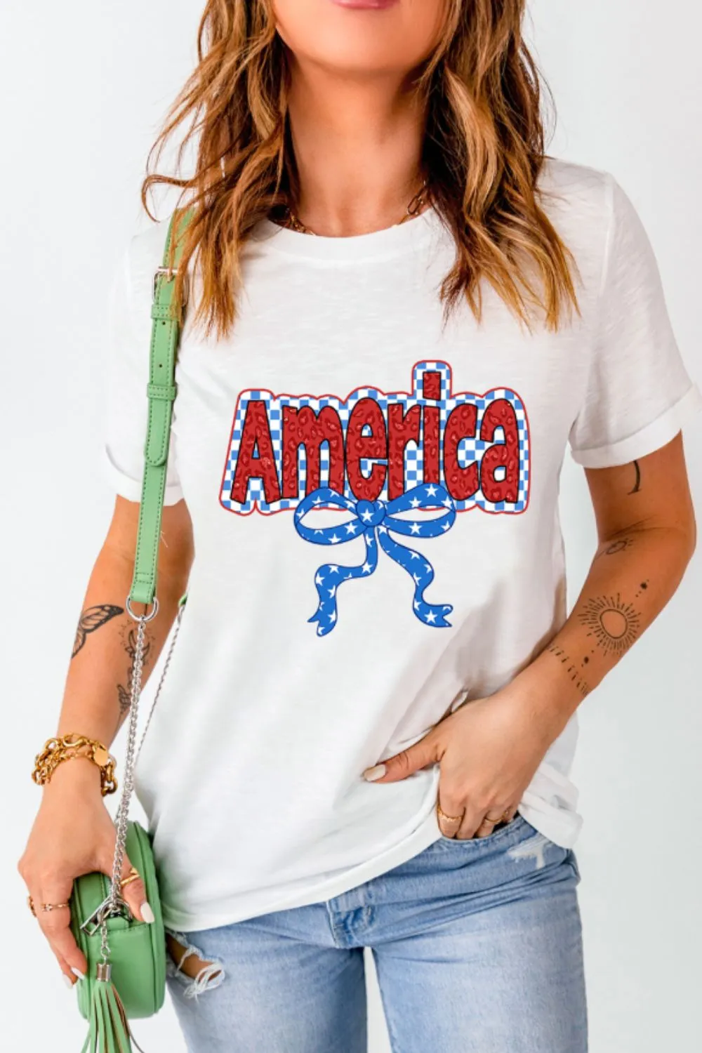 Funky America Letter Bow Round Neck T Shirt - Image 3