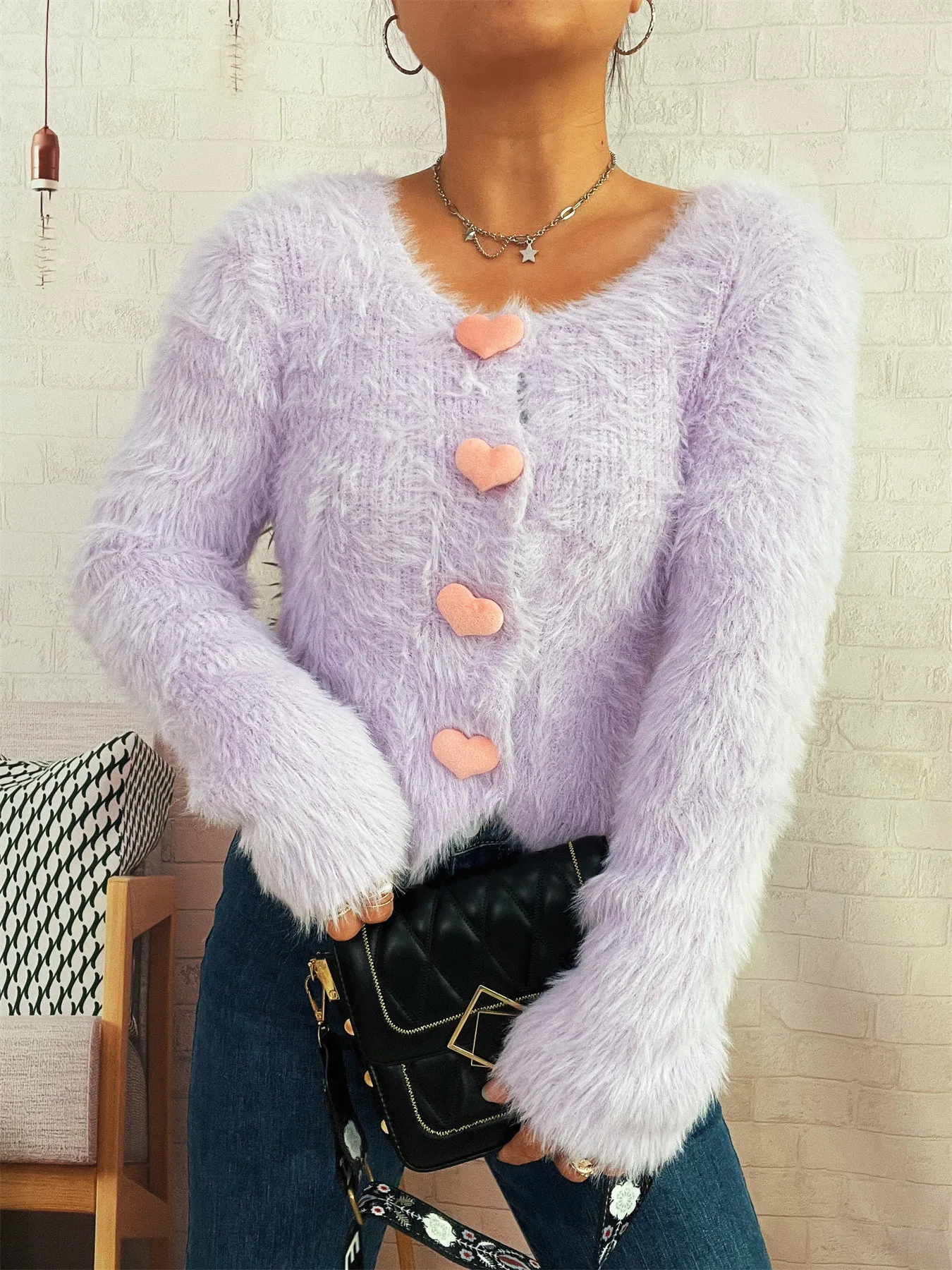 Fuzzy Heart Shape Button-Up Cardigan - Image 2