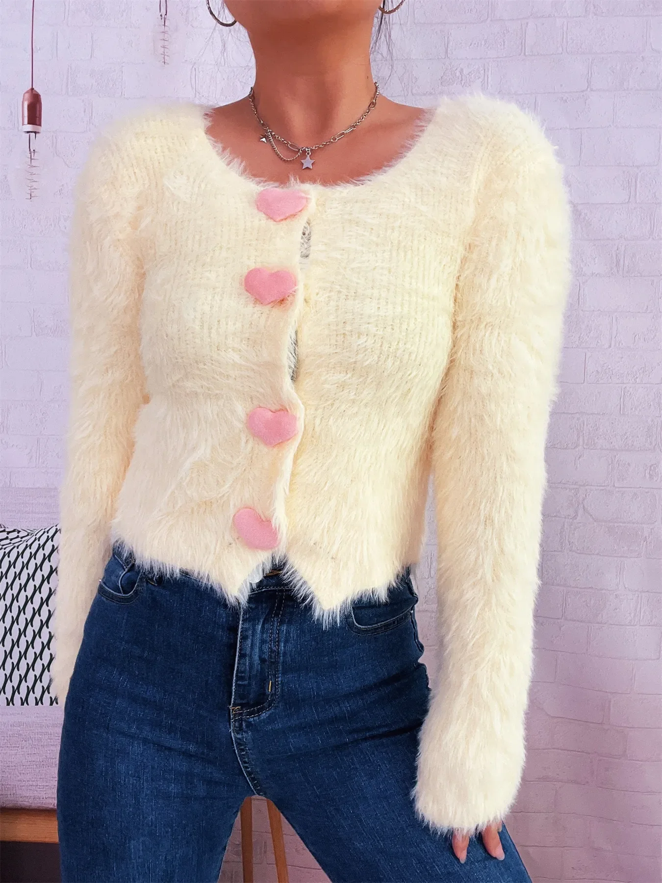 Fuzzy Heart Shape Button-Up Cardigan - Image 25
