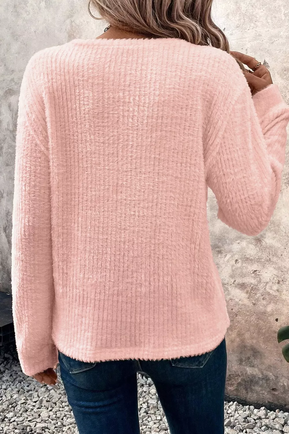 Fuzzy Ribbed Texture Round Neck Long Sleeve Top - Image 5