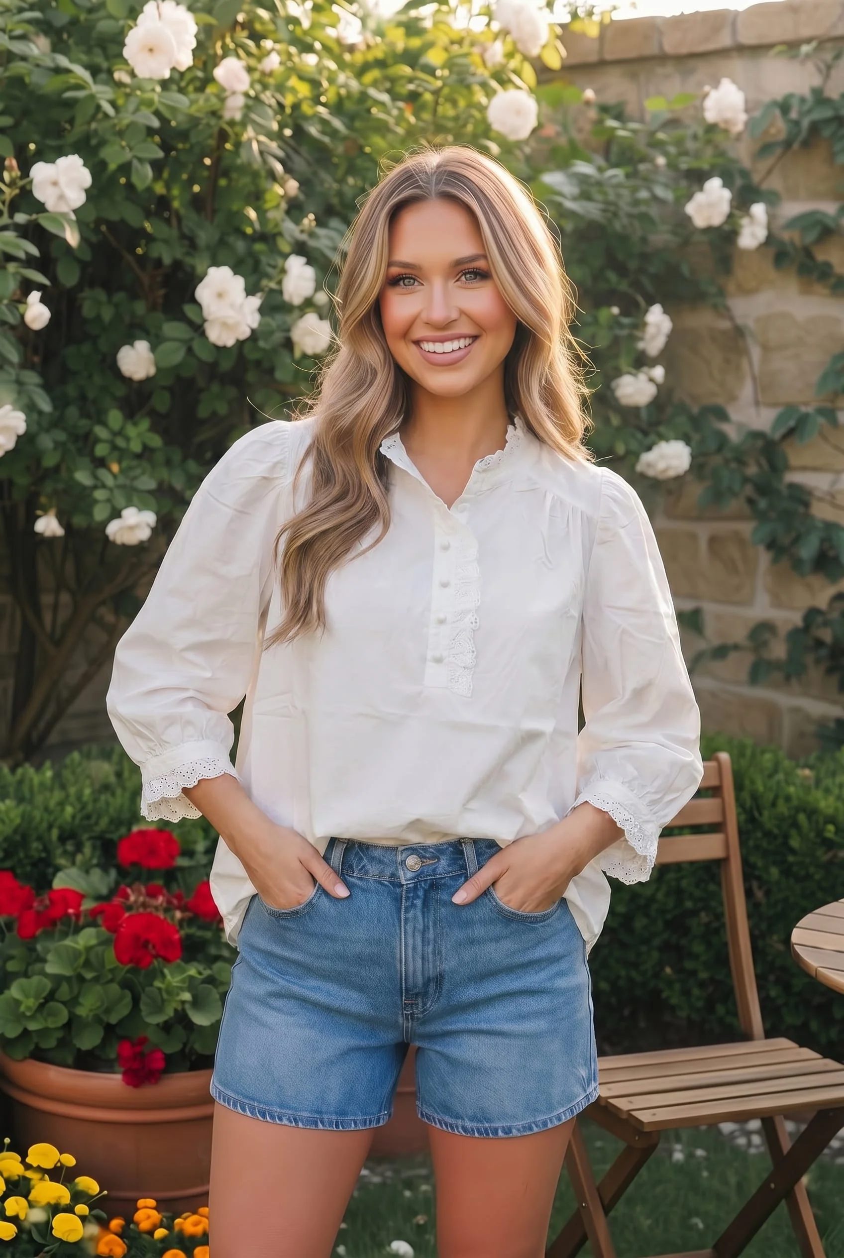 Pretty in White Puff Sleeve Button Top - Image 2