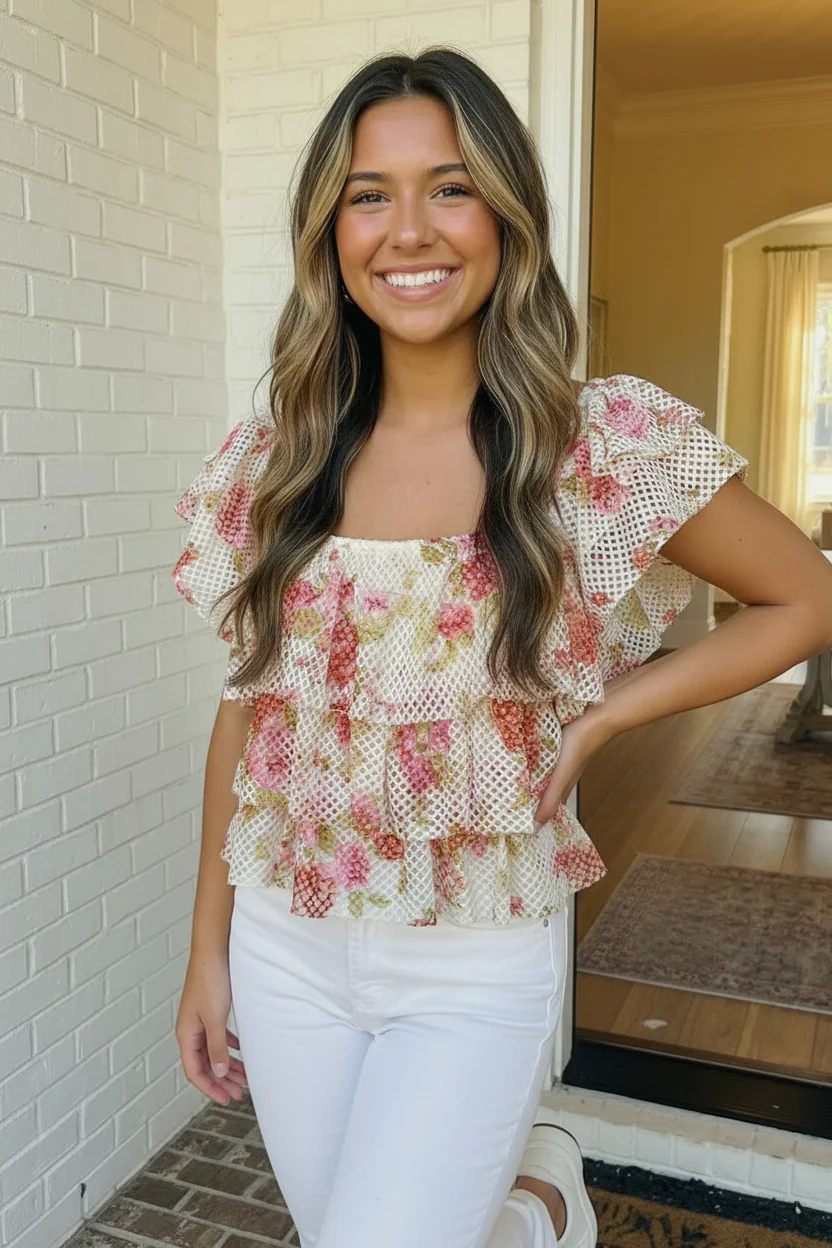 Ready with Ruffles Floral Mesh Top - Image 2